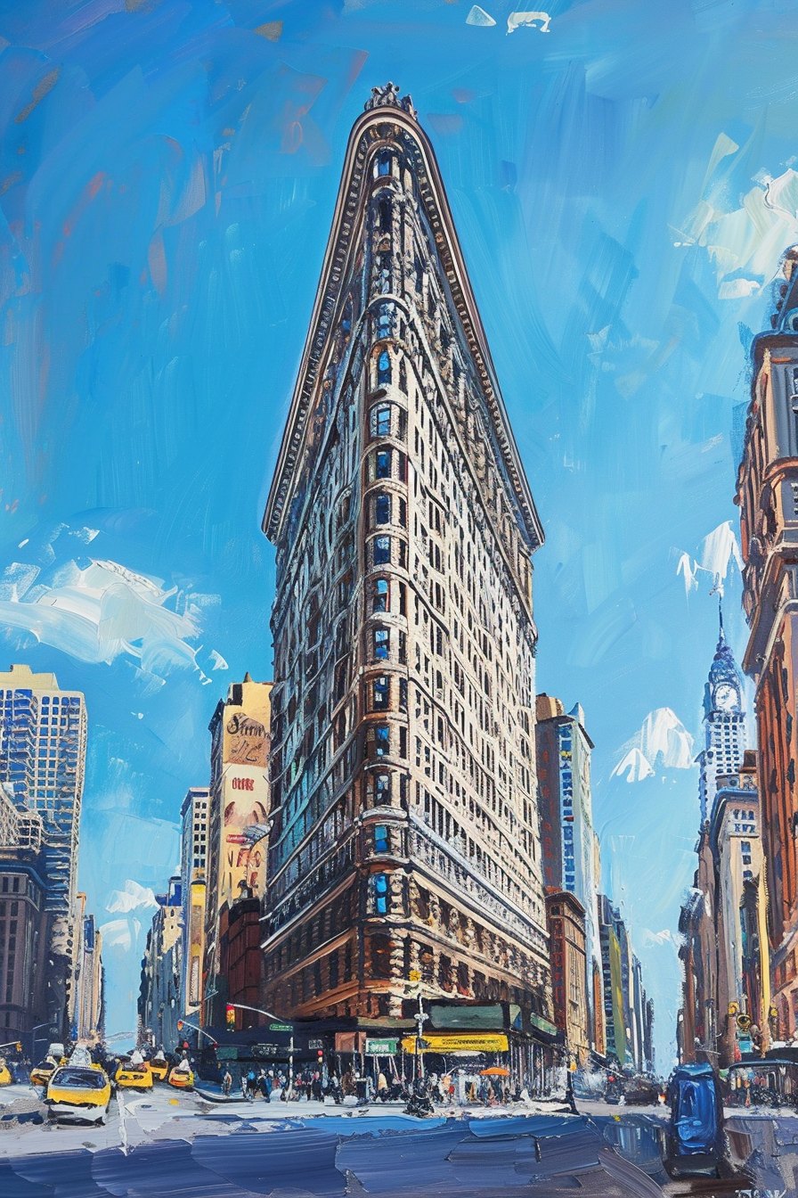 ALT: Artistic representation of a busy city street with a distinctive, triangular-shaped flatiron building against a clear blue sky.