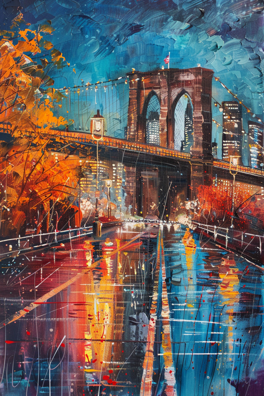 Colorful painting of the Brooklyn Bridge with vibrant autumn foliage and cityscape at dusk.