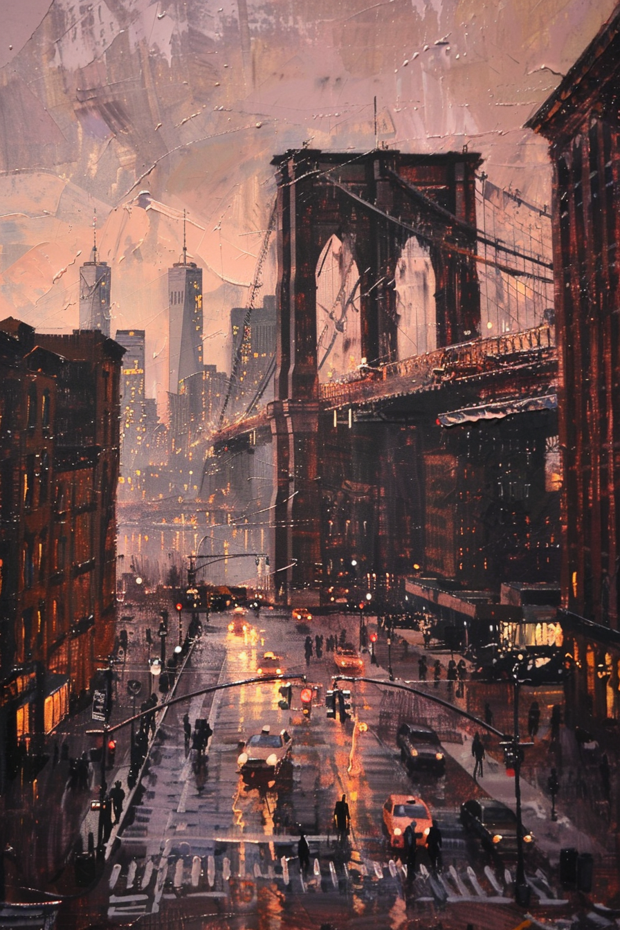 Painting of a rain-soaked street with cars, pedestrians, and the Brooklyn Bridge in the background.