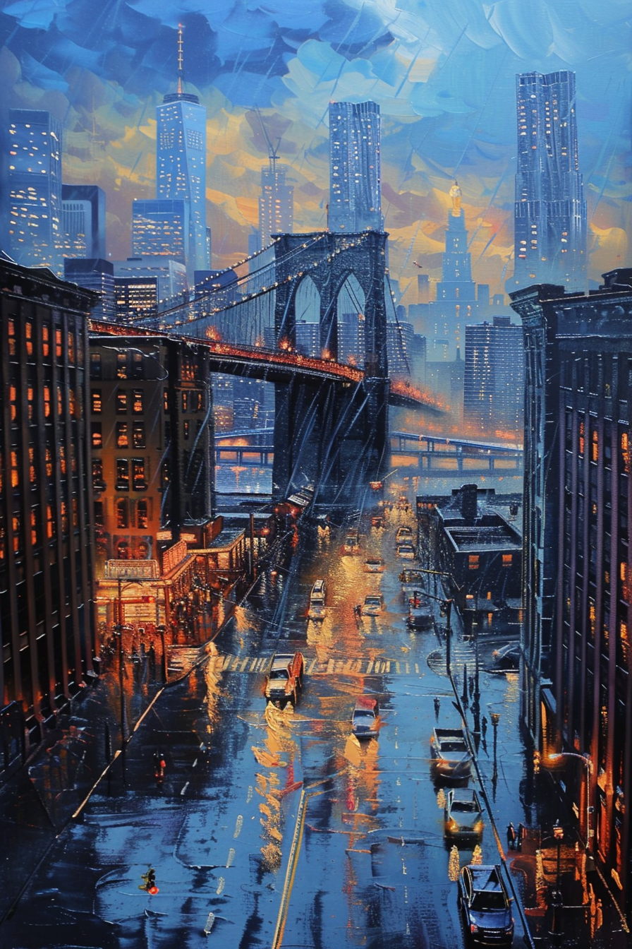 Stylized painting of a rain-soaked cityscape with cars, a bridge, and illuminated skyscrapers at dusk.