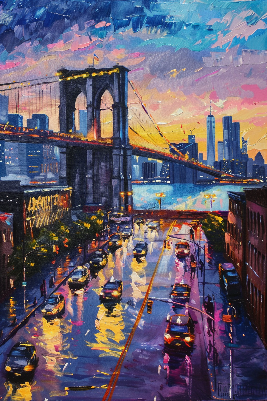 Colorful painting of a cityscape with a bridge, cars on a wet street, and a vibrant sunset sky.