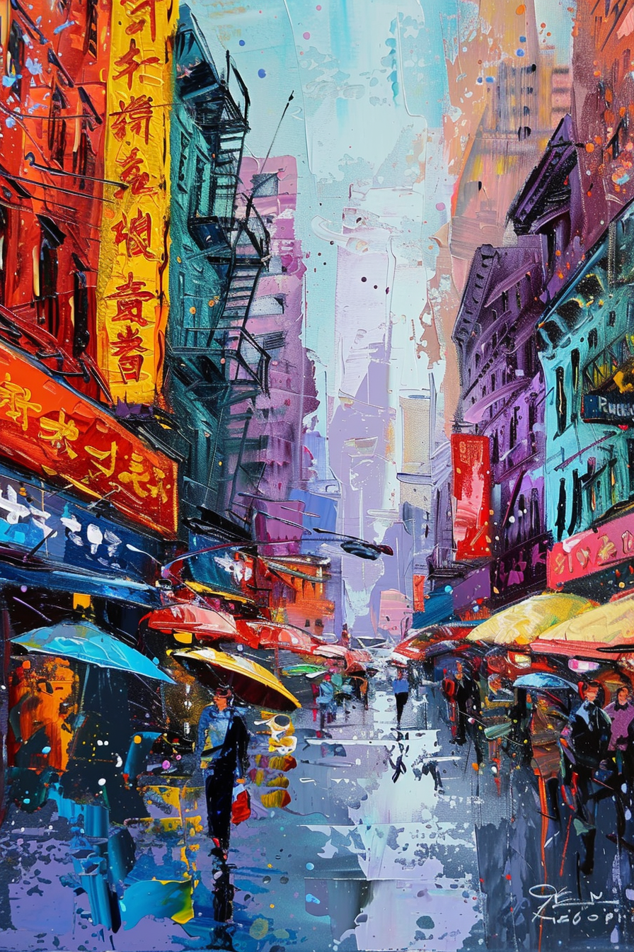 Colorful expressionist painting of a bustling urban street with pedestrians and vibrant signage.