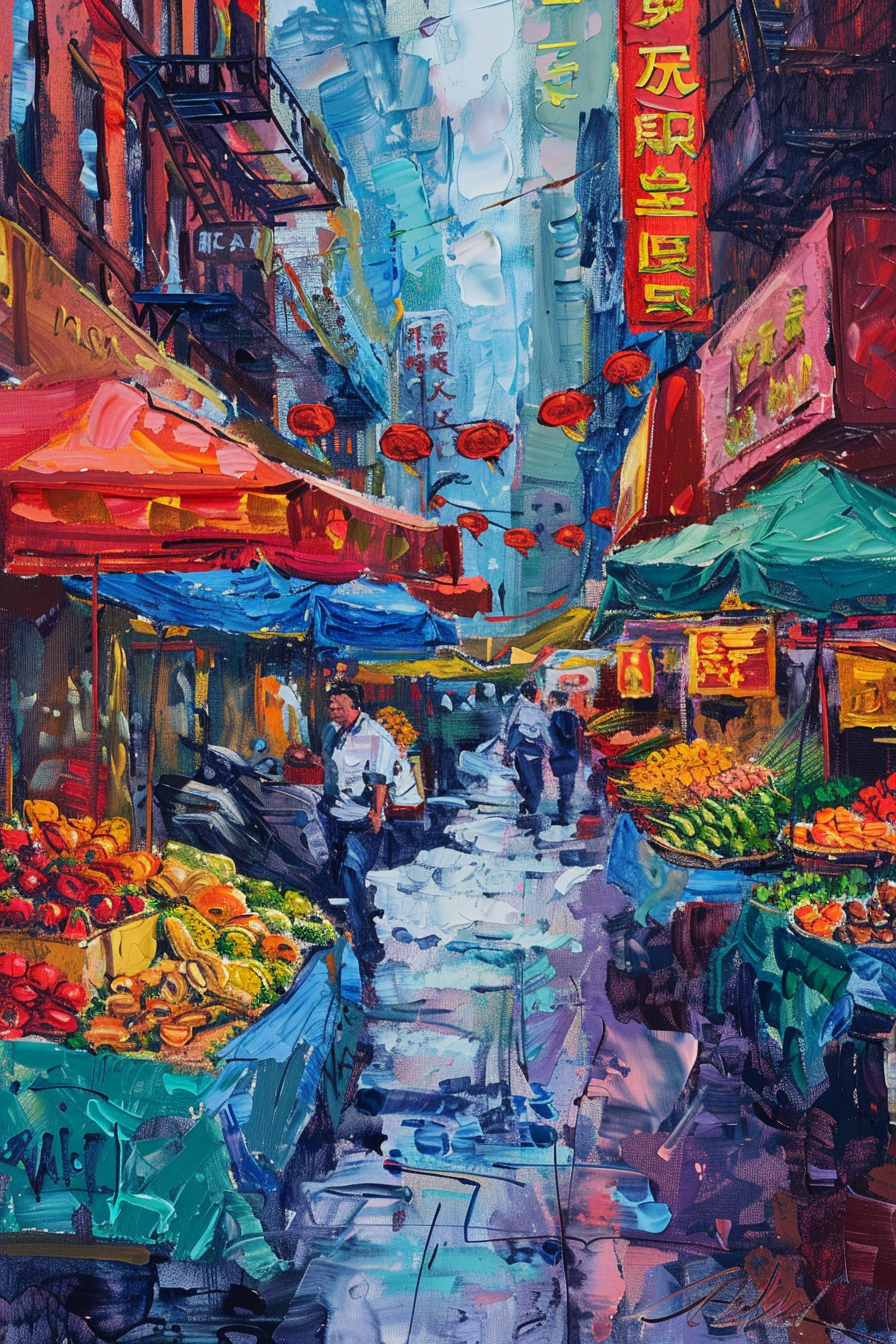 Vibrant street scene painting of an urban market with colorful fruit stalls and busy shoppers.