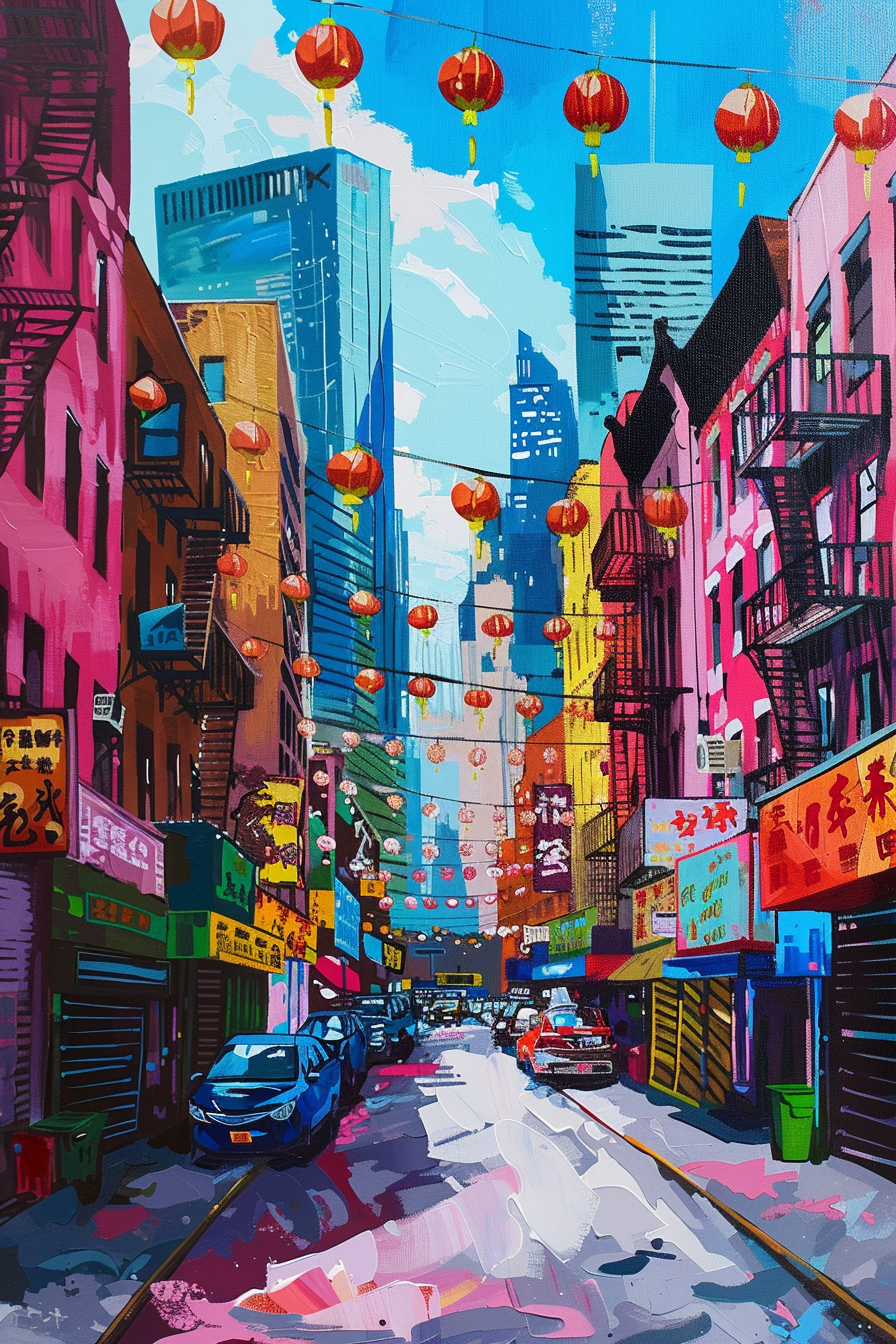 Colorful artwork depicting a vibrant street scene with red lanterns and bright urban buildings.