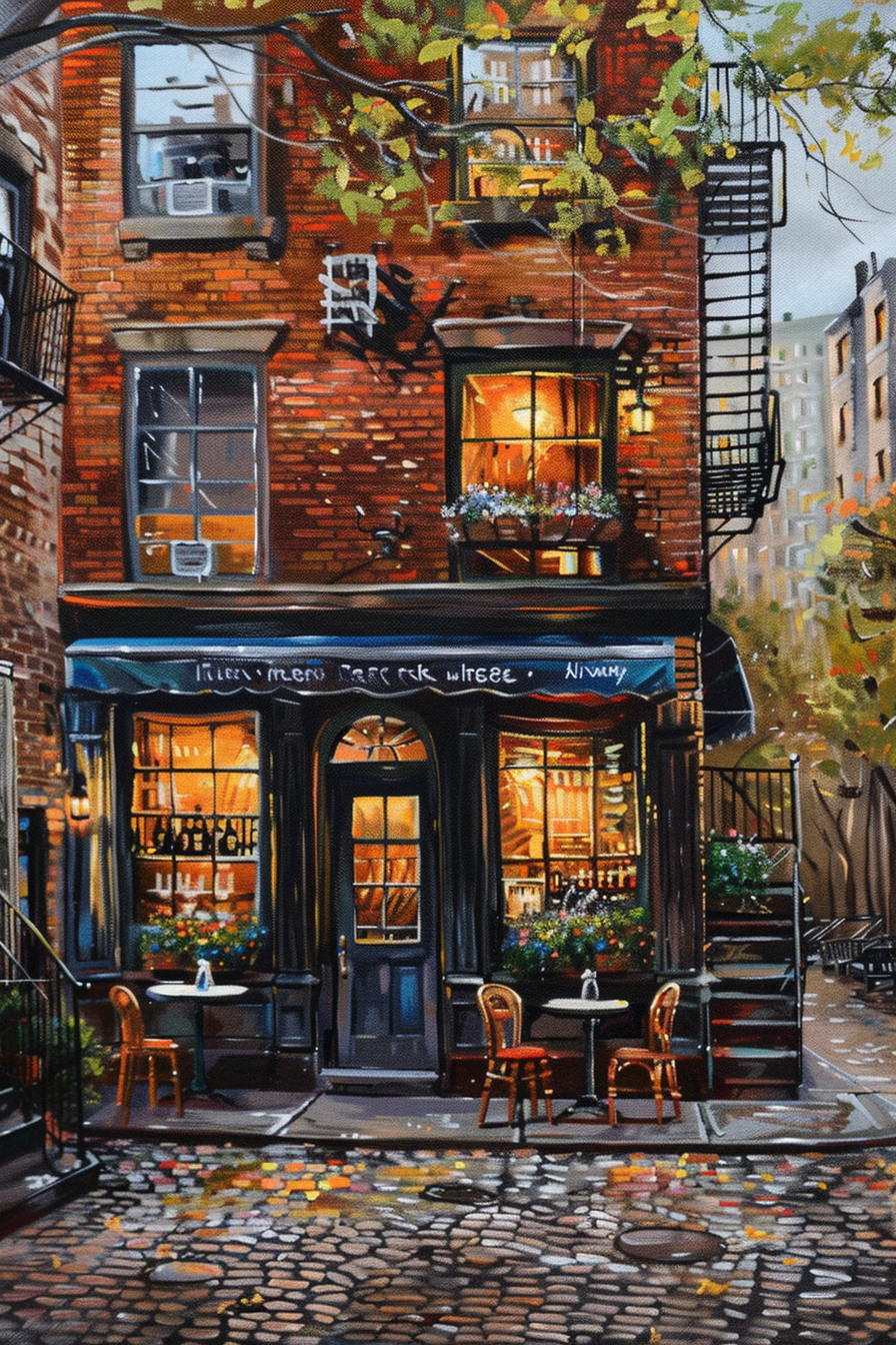 A quaint brick cafe with outdoor seating on a cobblestone street, lit warmly at twilight.