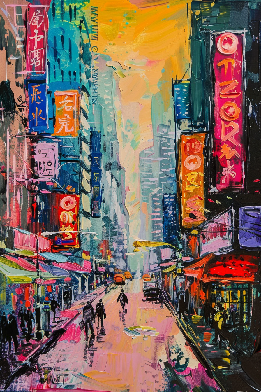 Colorful, expressionistic cityscape painting with vibrant streets and illuminated signs.