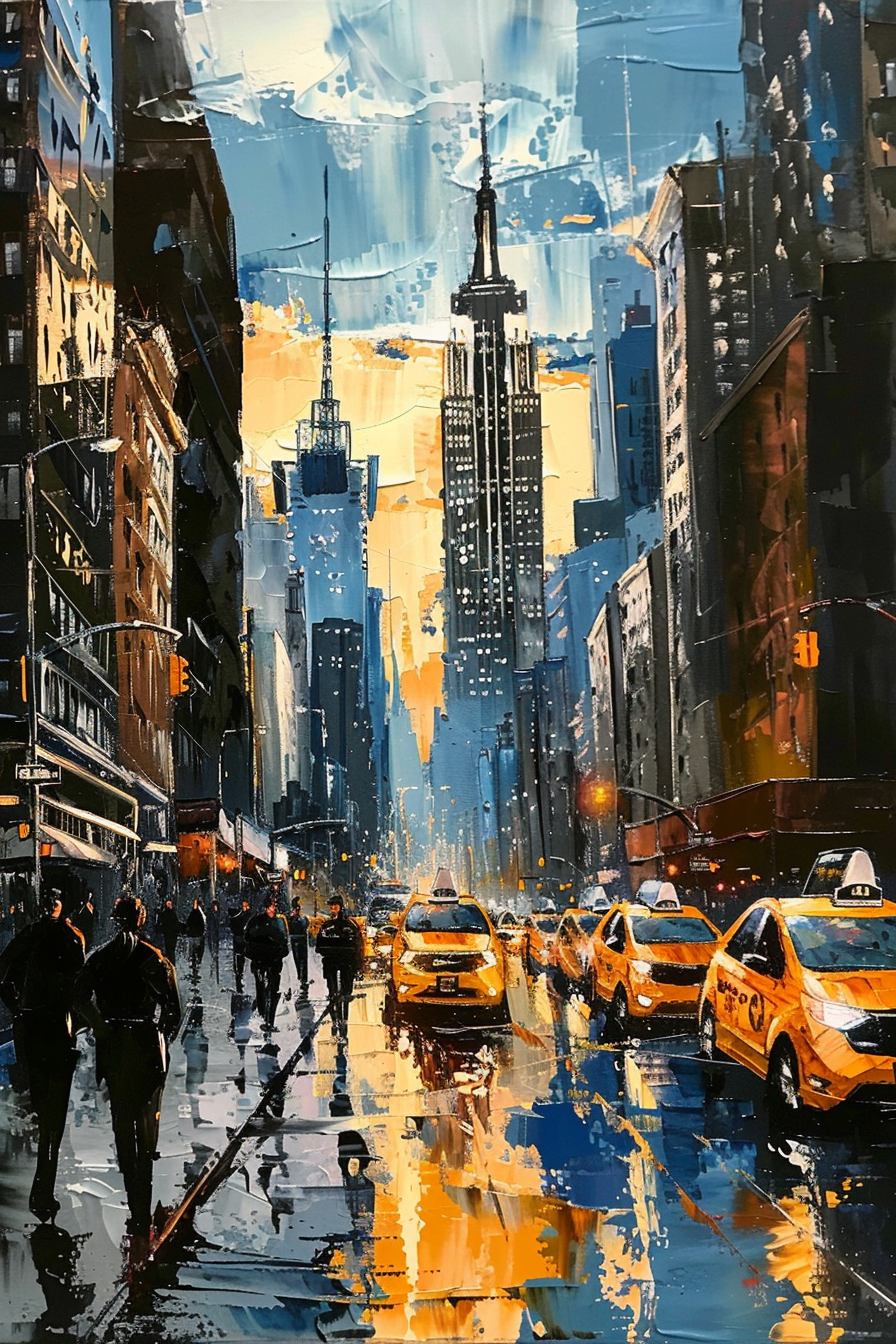 Colorful painting of a bustling city street with pedestrians and yellow taxis, tall buildings under a blue sky.