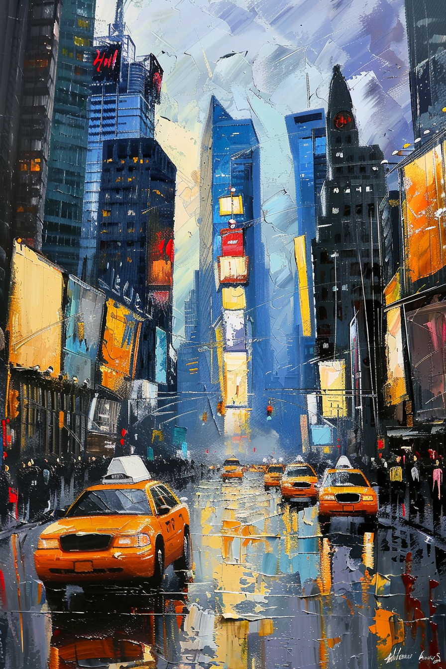 Vibrant cityscape painting with yellow taxis on wet streets reflecting towering skyscrapers.
