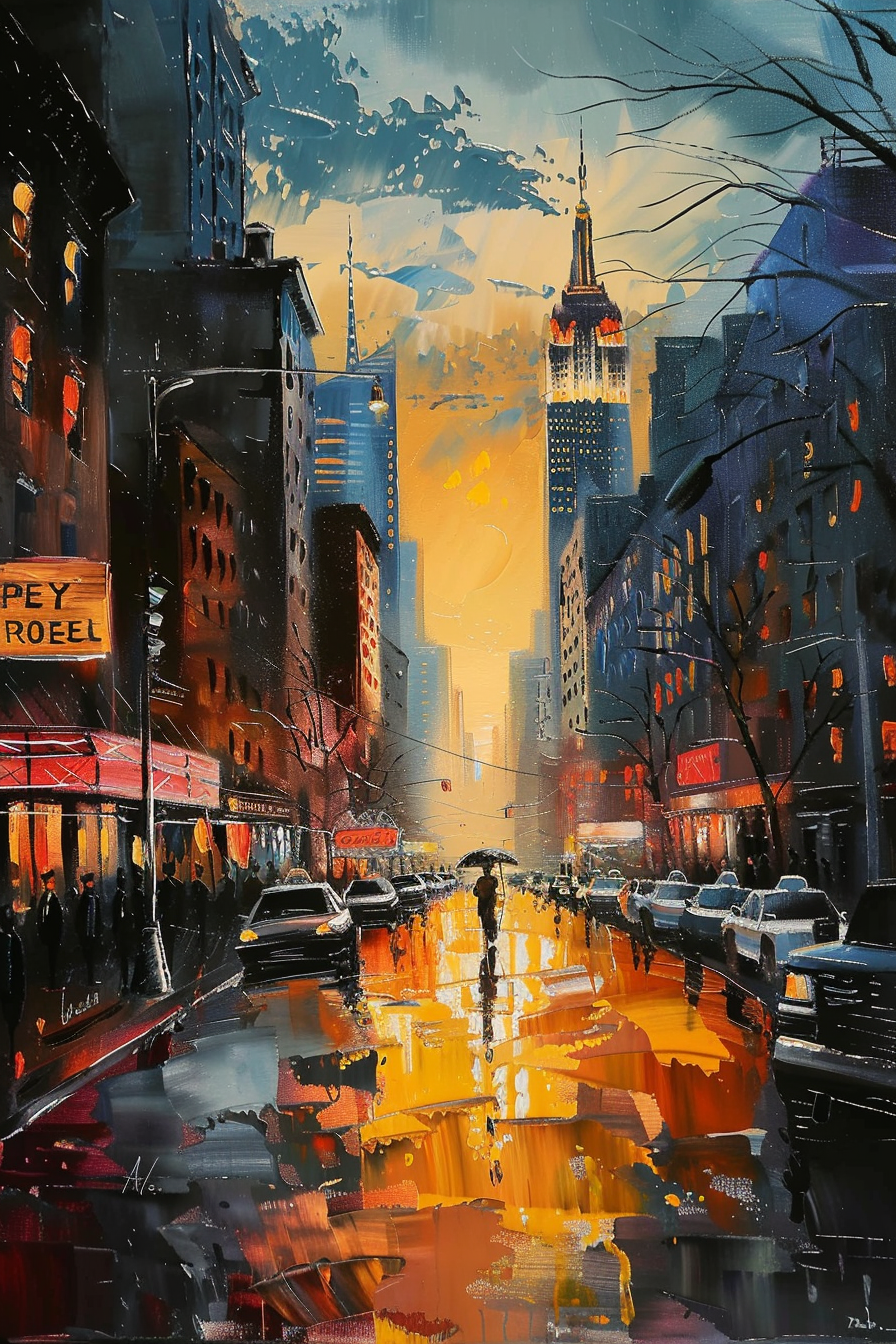 Vibrant painting of a bustling city street at sunset with reflections on wet pavement.