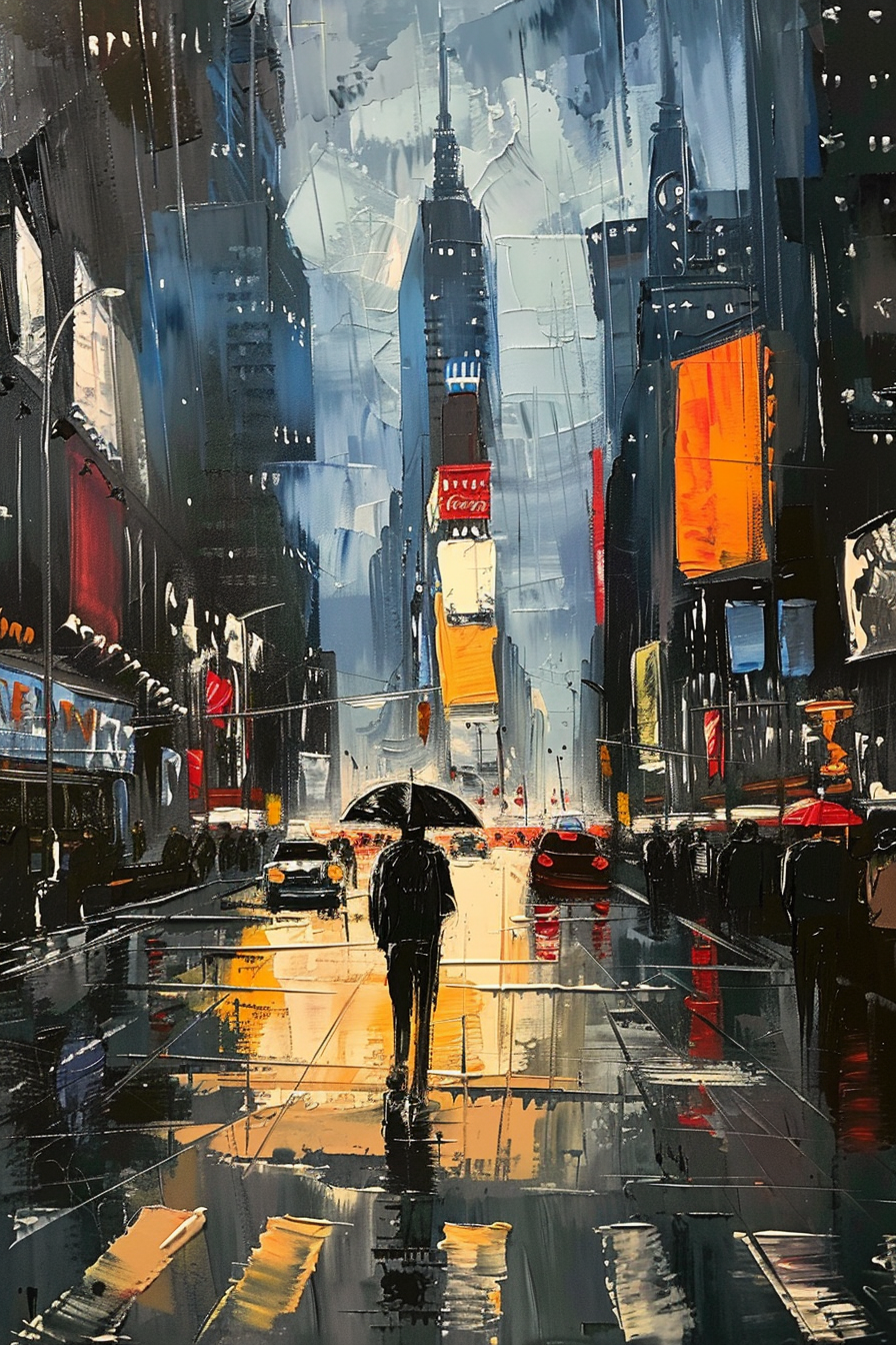Colorful expressionist painting of a rainy city street scene with a person holding an umbrella.