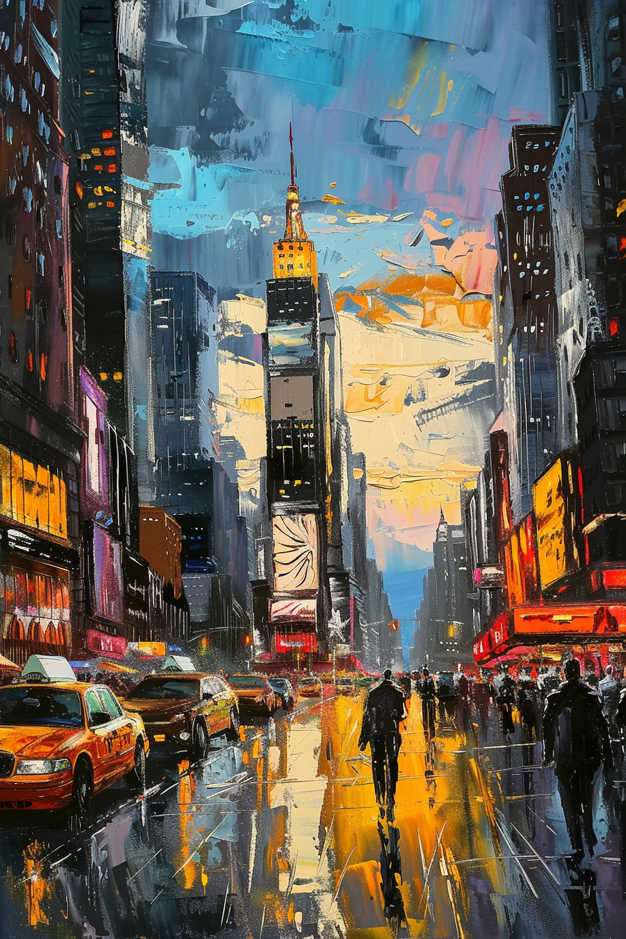 Colorful painting of a bustling city street with pedestrians and taxis, reflecting wet pavement.