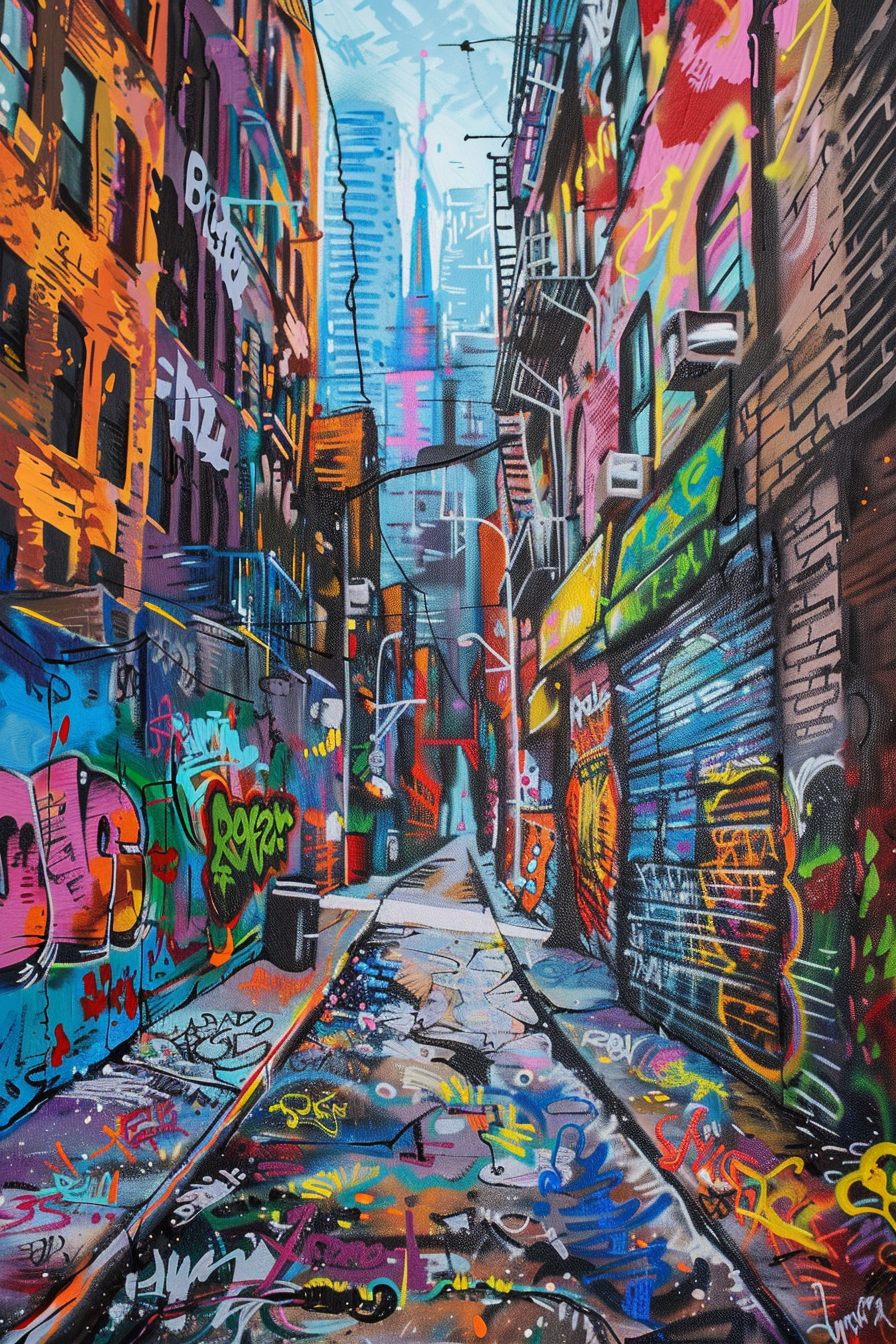 Colorful graffiti-covered urban alleyway with tracks leading to skyscrapers in the distance.