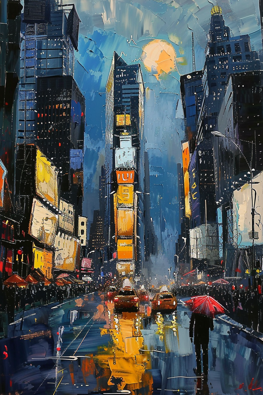 Colorful expressionist cityscape painting depicting a rainy urban street at dusk with taxis and a pedestrian.
