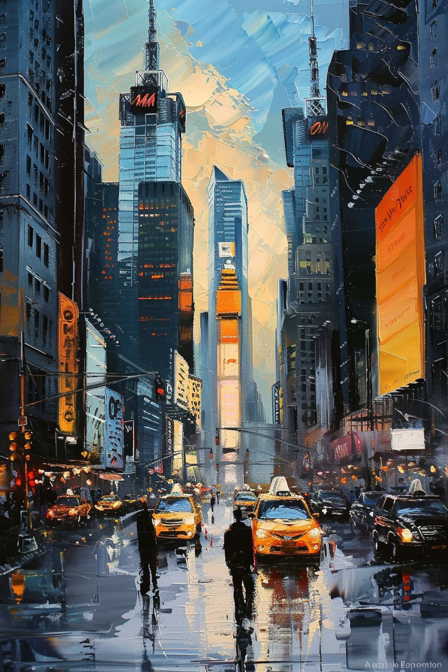 Impressionistic painting of a bustling city street with skyscrapers, pedestrians, and yellow cabs.