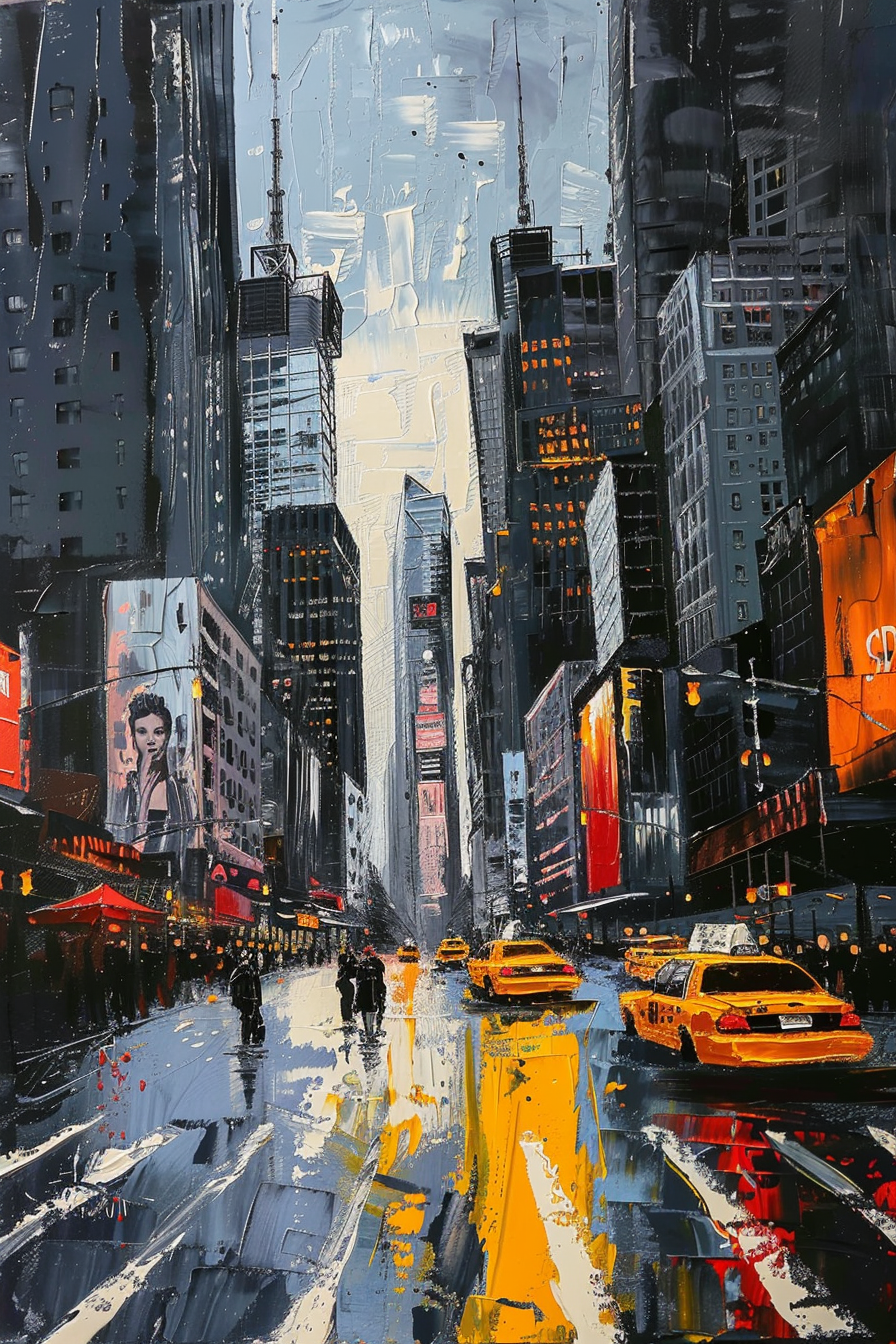 Expressionist painting of a bustling city street with skyscrapers and yellow cabs.