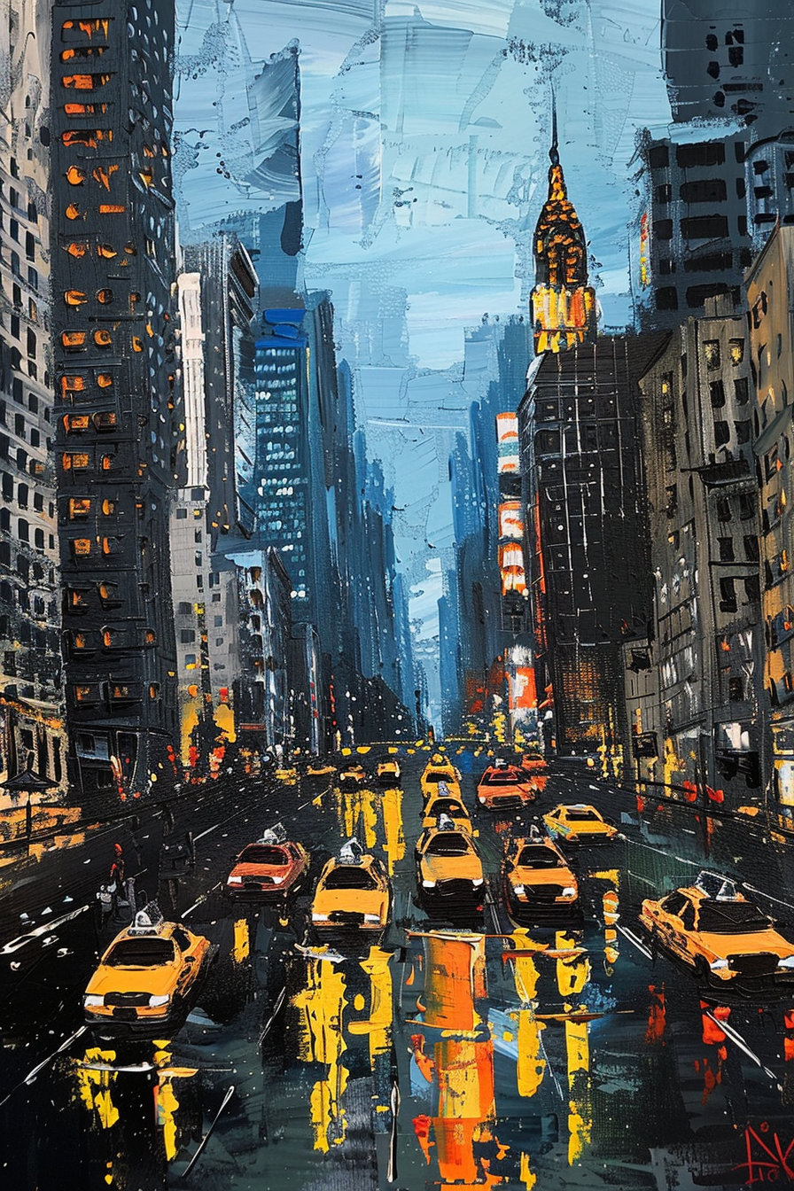An expressive cityscape painting featuring yellow cabs on a bustling street with towering buildings.