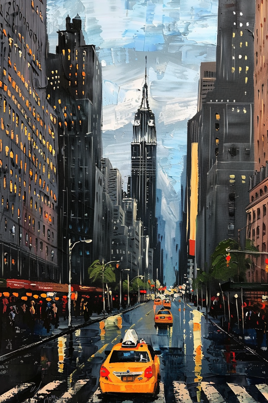 Colorful painting of NYC street with yellow cabs and the Empire State Building in the background.
