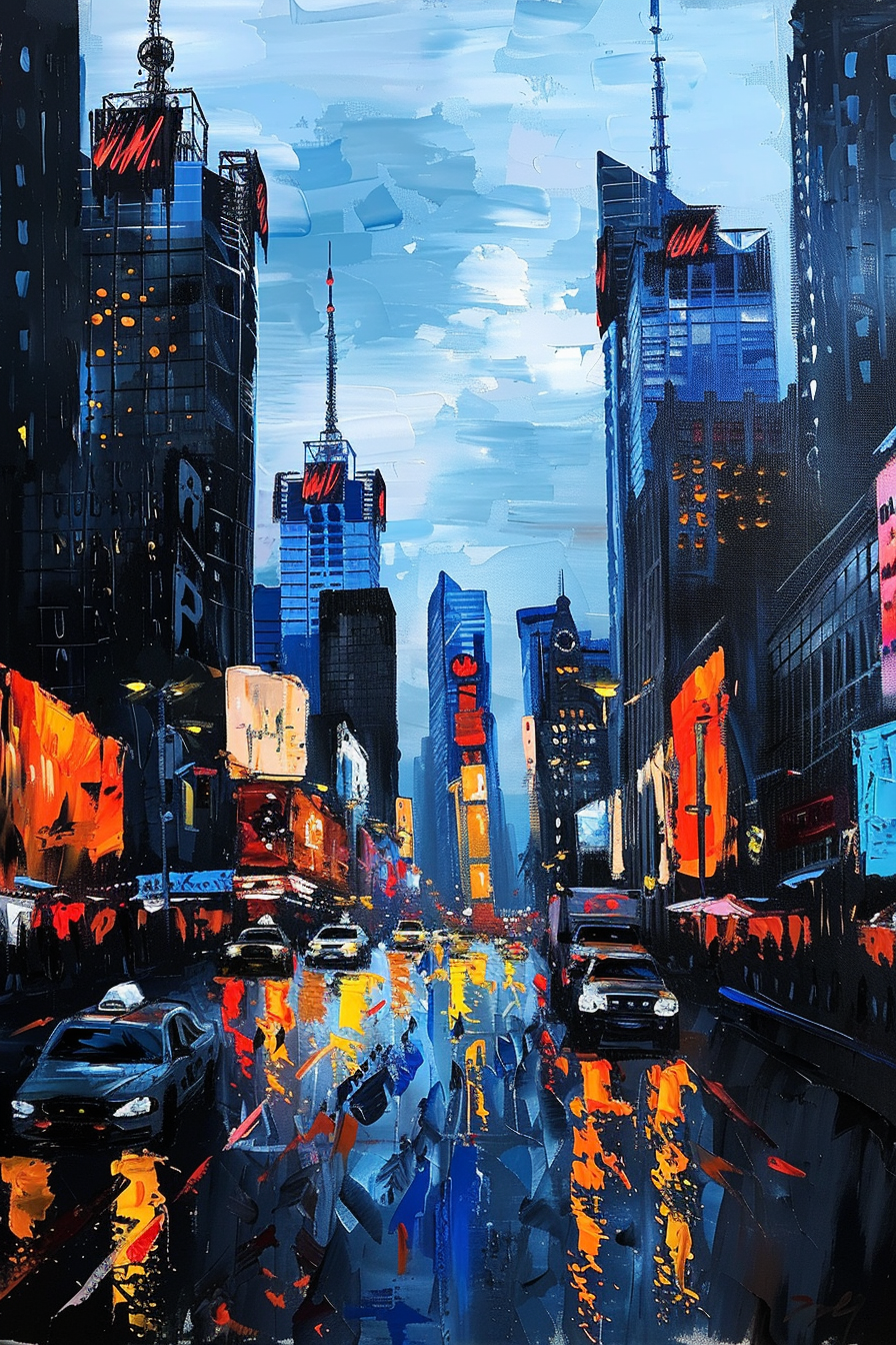 Vibrant cityscape painting with blue tones, vivid lights, and reflective wet streets full of cars.