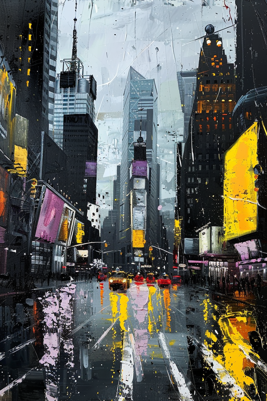 Urban street scene painting with bold splashes of color on a rainy day, reflecting city lights.