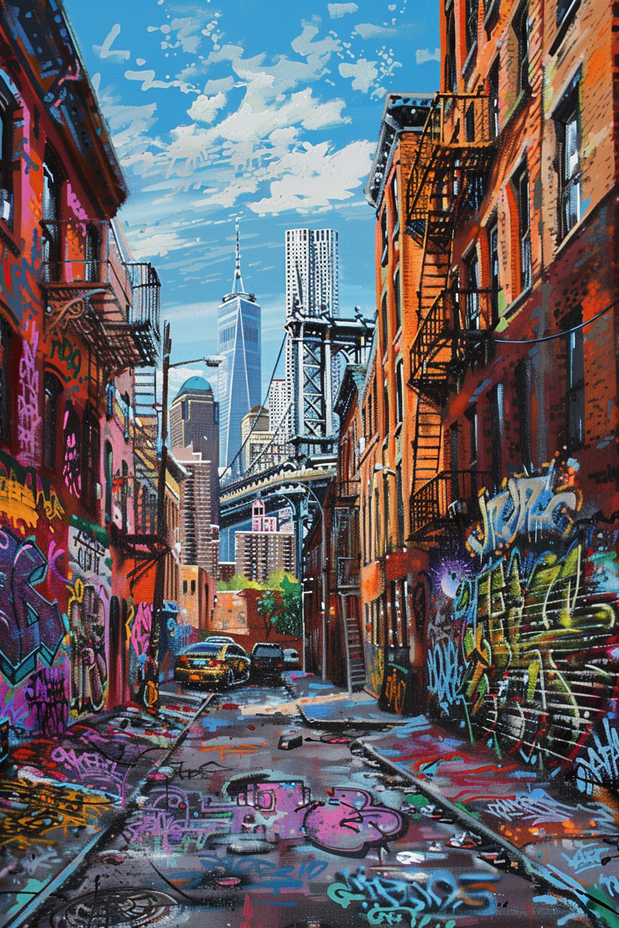 Vivid urban street art on walls of an alley with skyscrapers in the background under a blue sky.