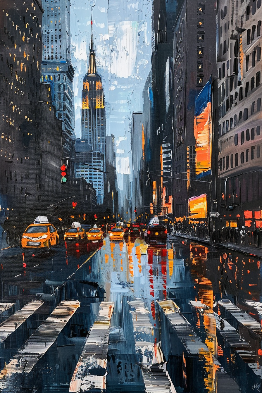 Expressive painting of a city street with tall buildings, reflective wet surfaces, and vibrant colors.