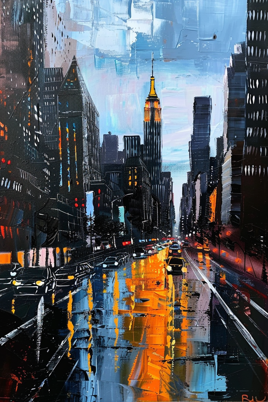 Colorful, abstract cityscape painting with illuminated buildings and wet streets reflecting lights.