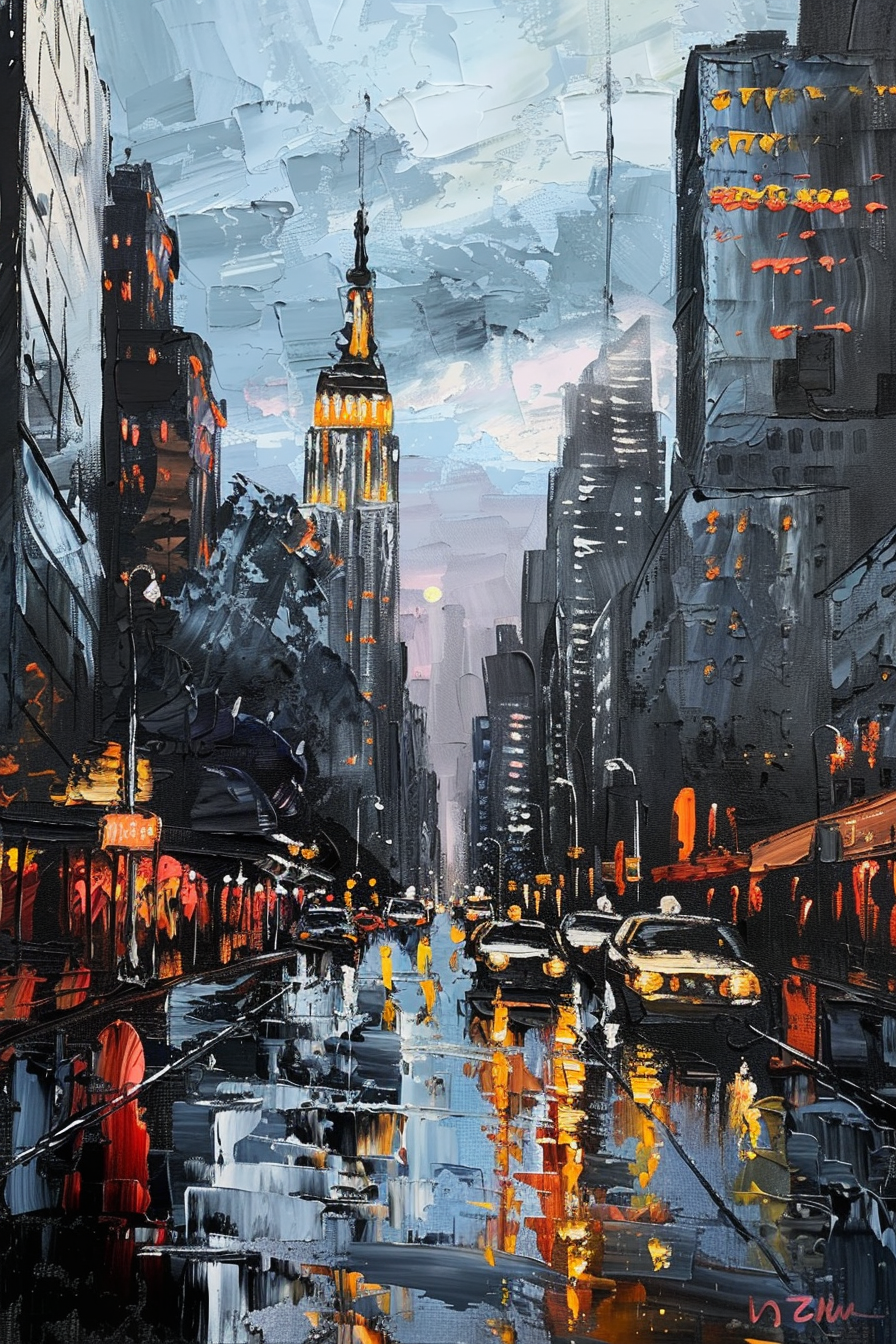 Vibrant cityscape painting with a focus on a lit-up building, reflecting on wet streets amidst a bustling urban scene.
