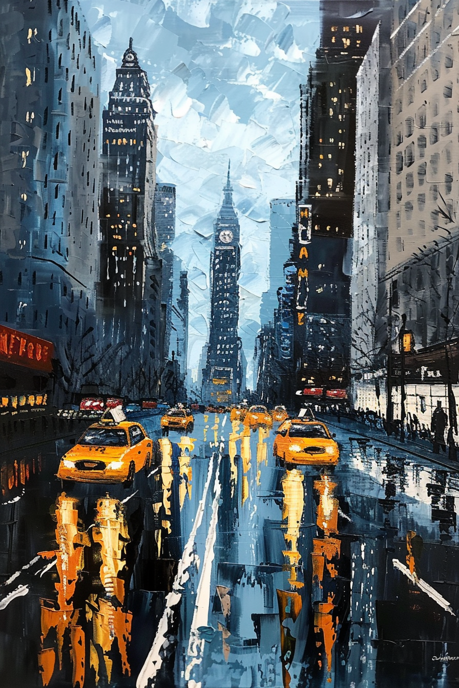 A vibrant painting of yellow taxis on a rainy New York City street, with skyscrapers and reflections.