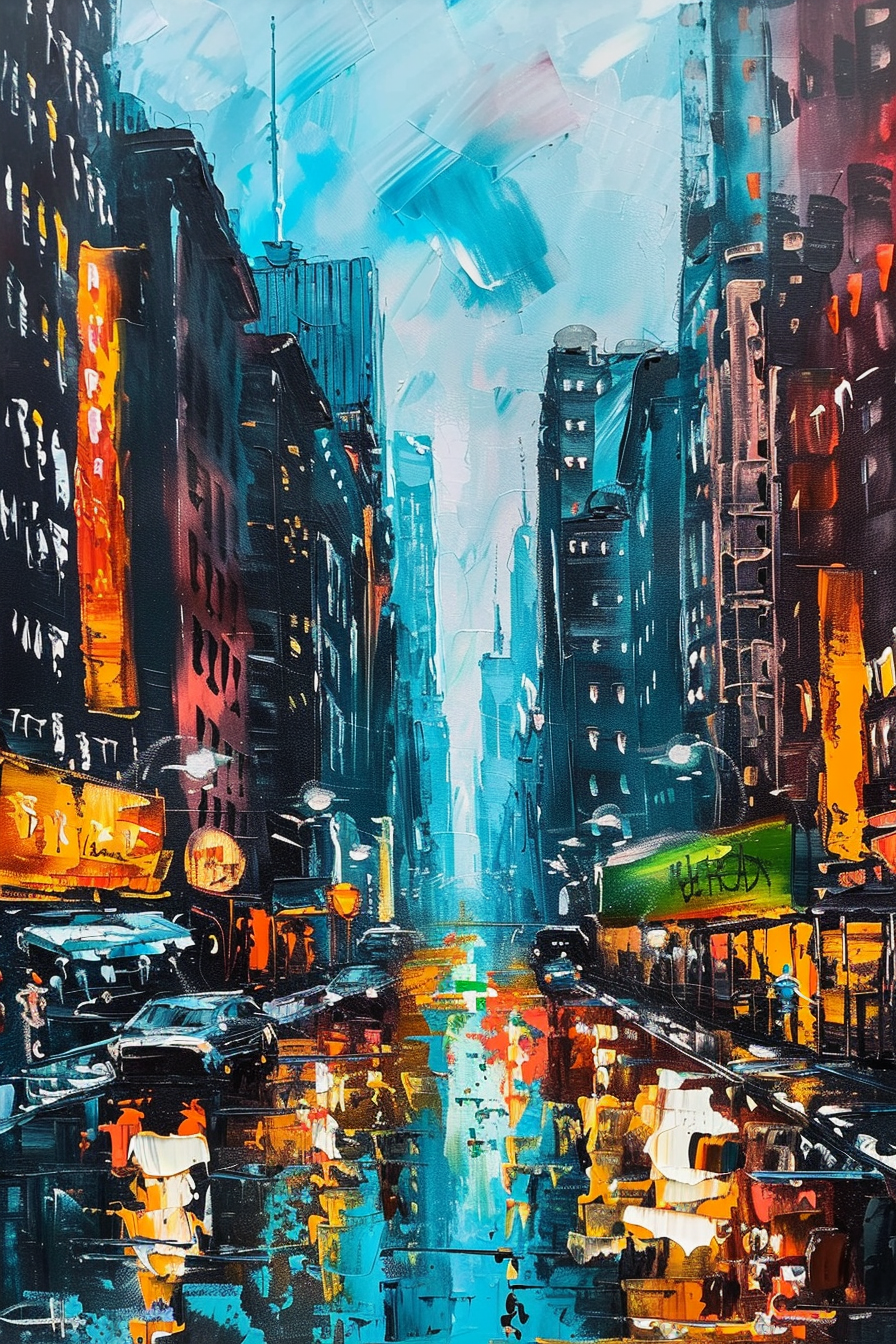Colorful abstract painting of an urban street scene with reflective wet surfaces.