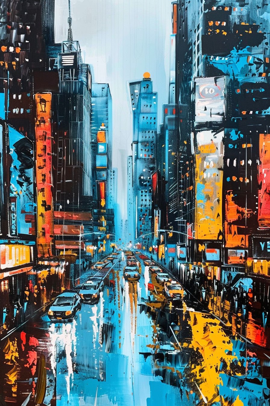 Vibrant abstract cityscape painting with bright colors and reflections of cars on wet streets.