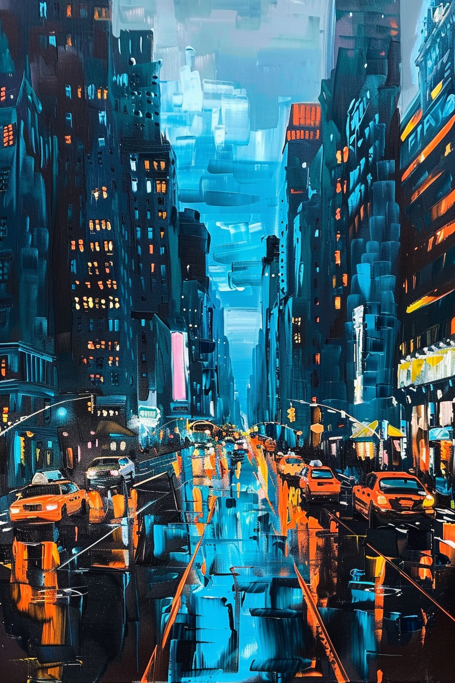 Vibrant painting depicting a bustling city street at night with illuminated buildings and cars.
