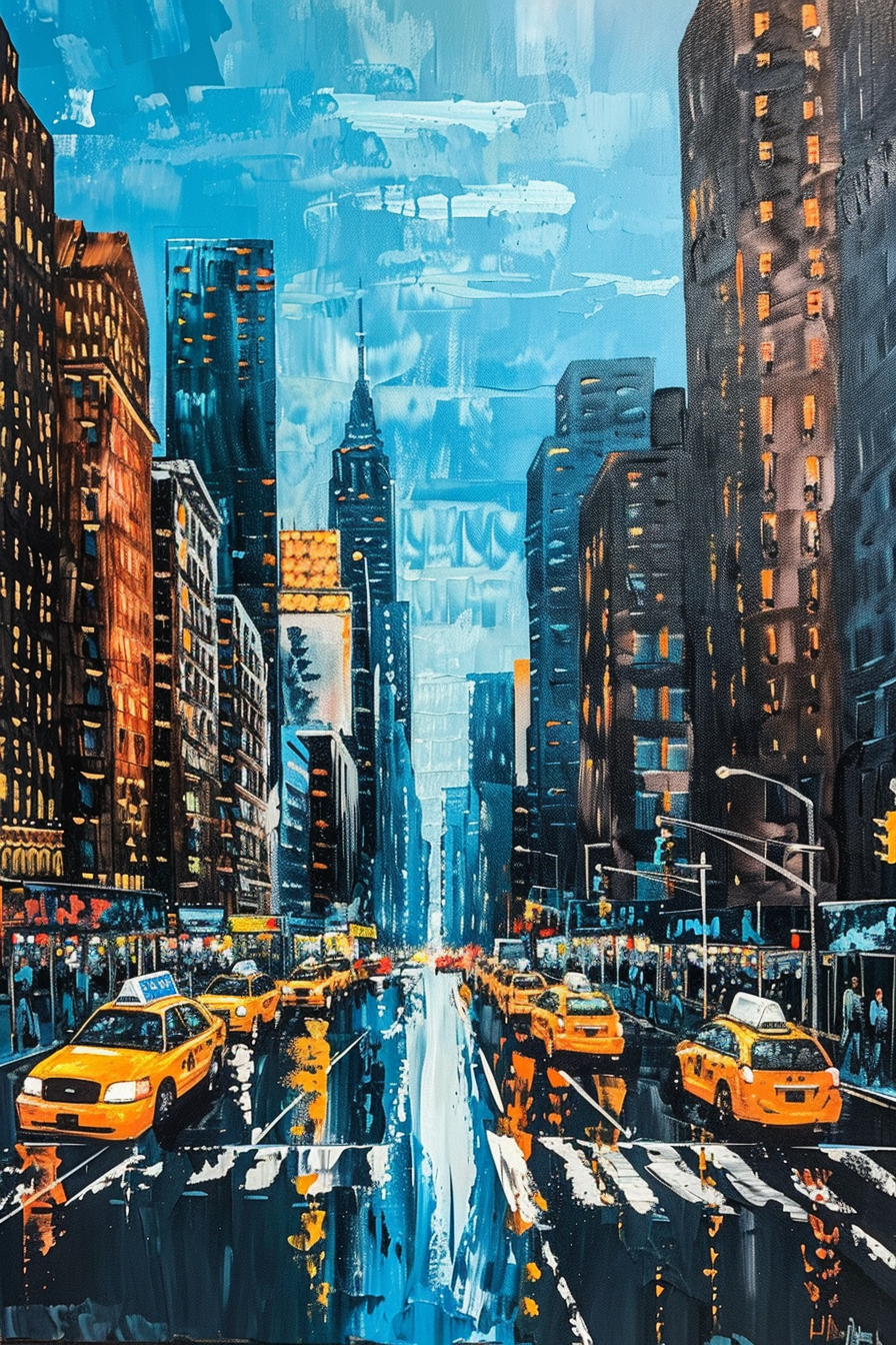 Colorful painting of a bustling city street with yellow taxis and tall buildings.