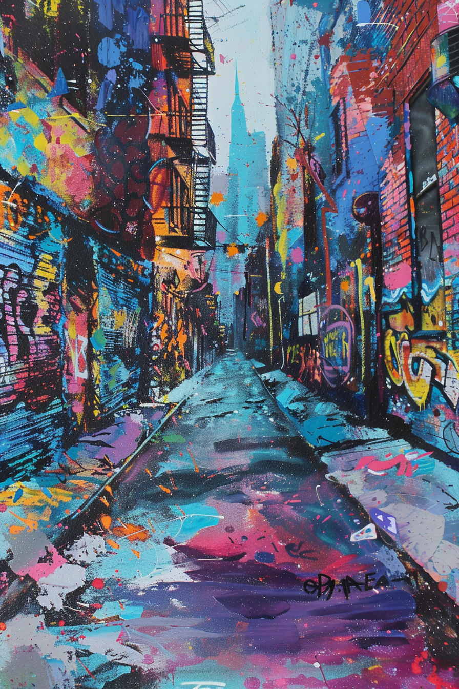 Vibrant graffiti-covered alleyway in a colorful, abstract urban painting.