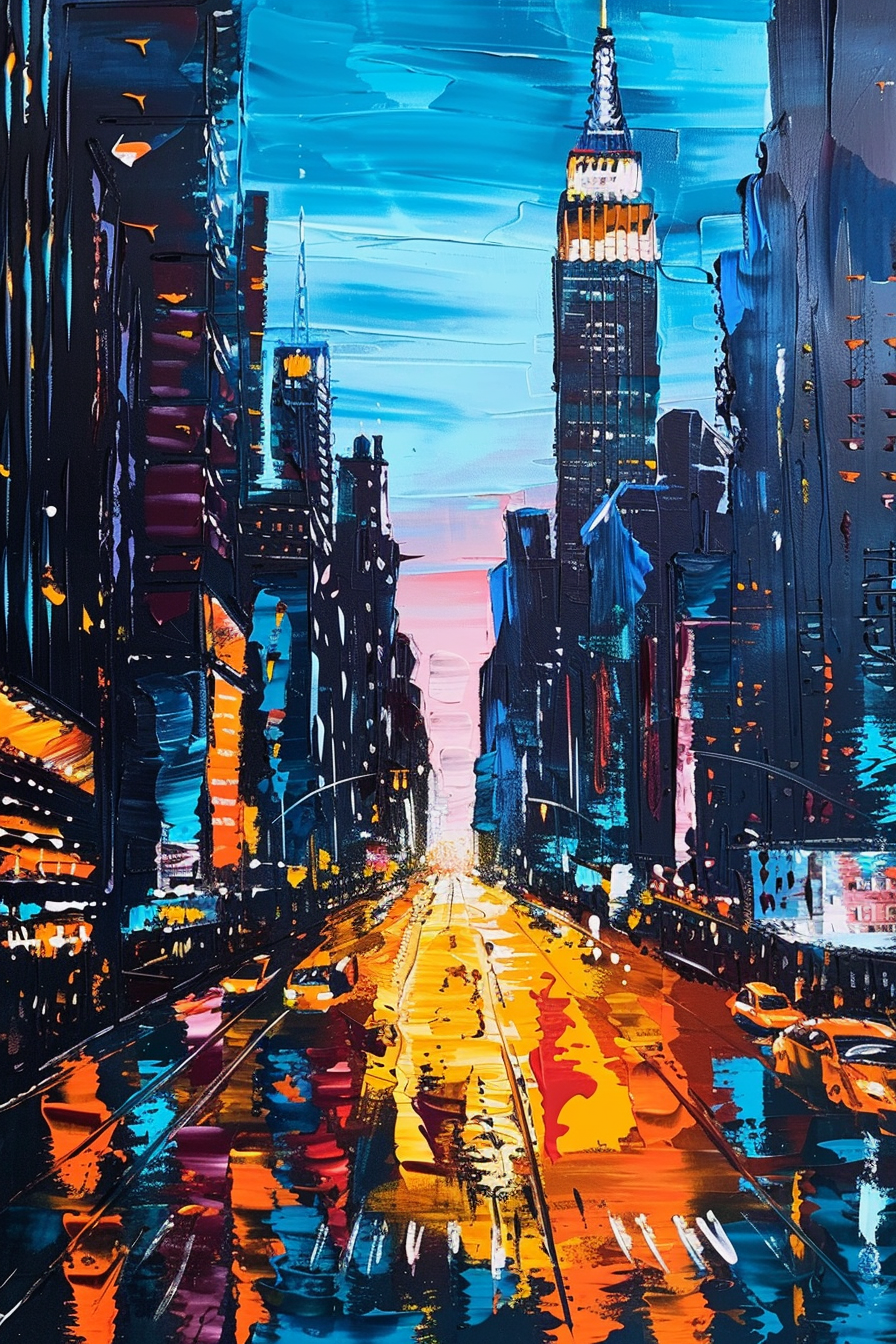 Colorful abstract painting of a vibrant city street at dusk with reflective surfaces.