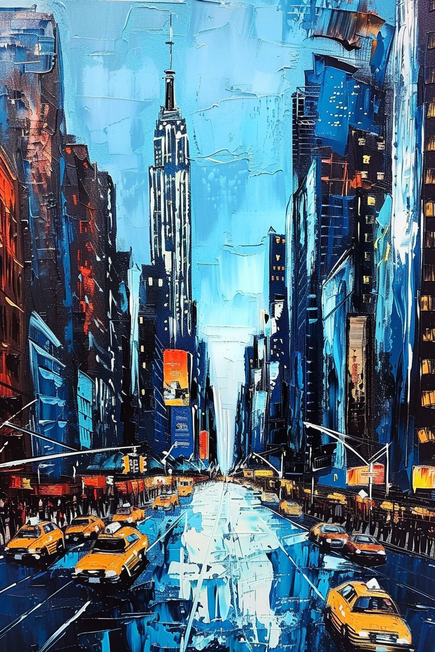 Colorful abstract painting of a bustling city street with cars and skyscrapers.