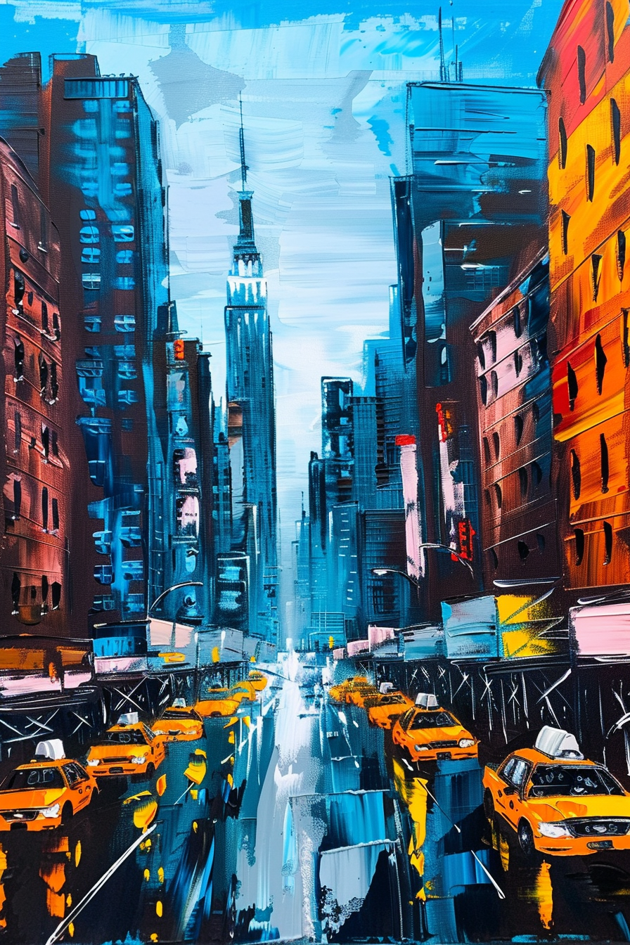 Colorful, abstract painting of a vibrant city street with taxis and towering buildings.