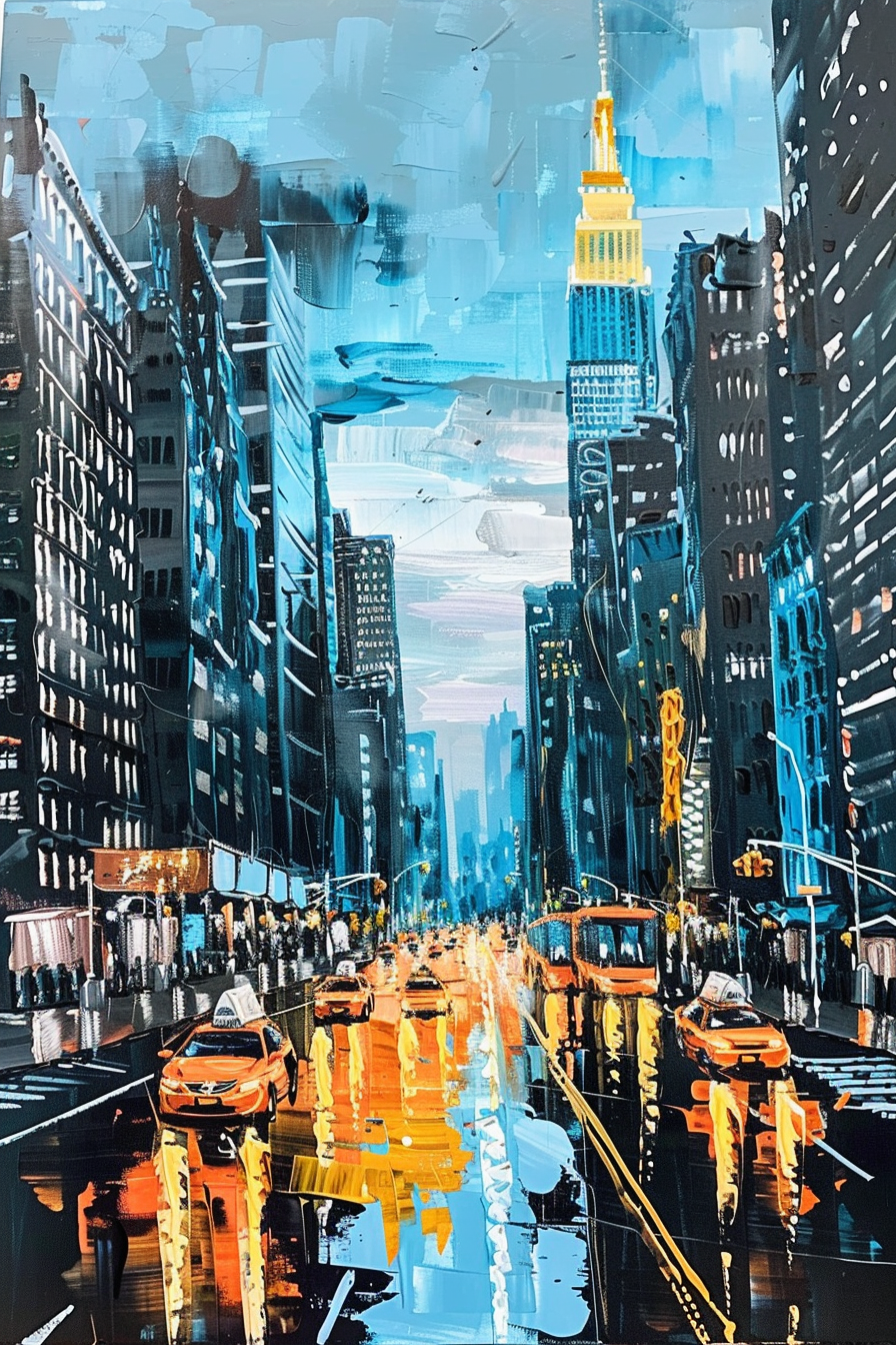 Colorful abstract painting of a bustling city street with iconic buildings and taxis.
