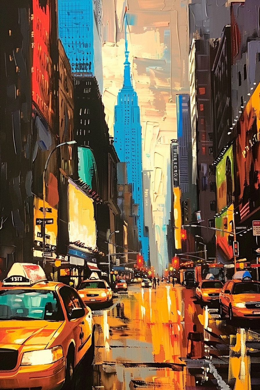 Colorful painting of a busy urban street with taxis and the silhouette of a tall building.