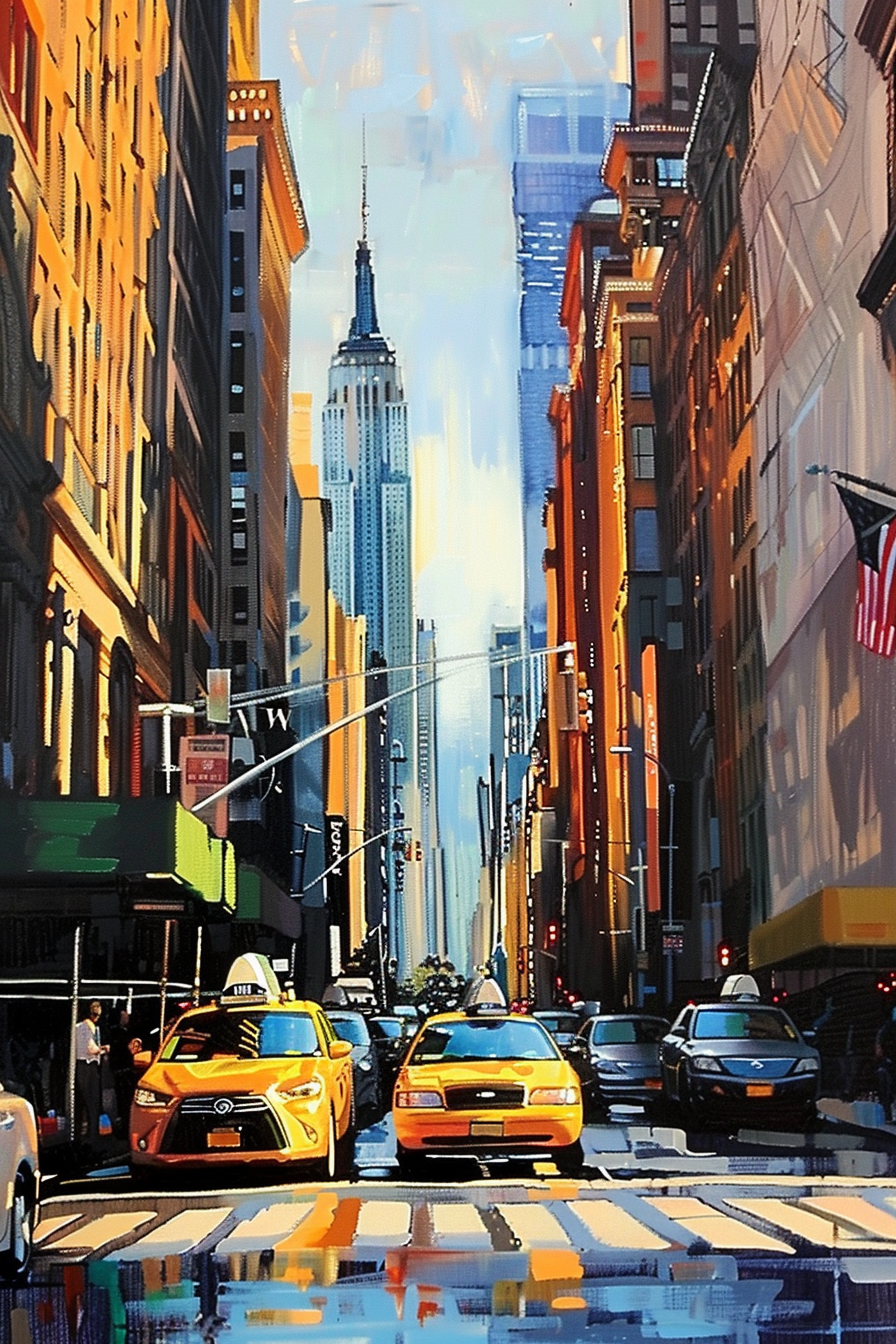 Colorful painting of a bustling New York street with taxis and the Empire State Building in view.