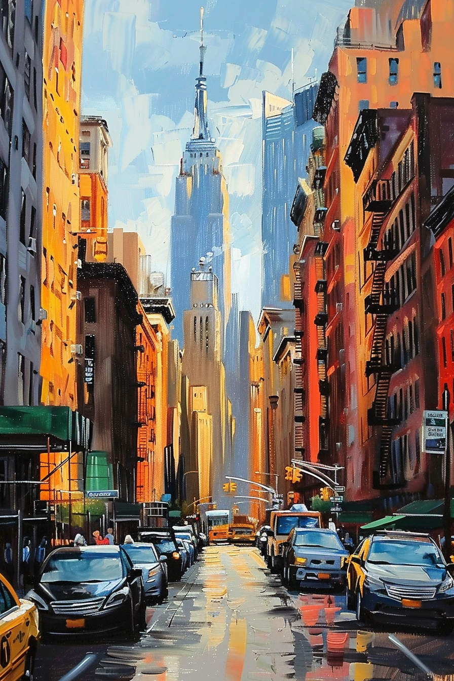 Colorful painting of a bustling city street with cars and iconic buildings under a blue sky.