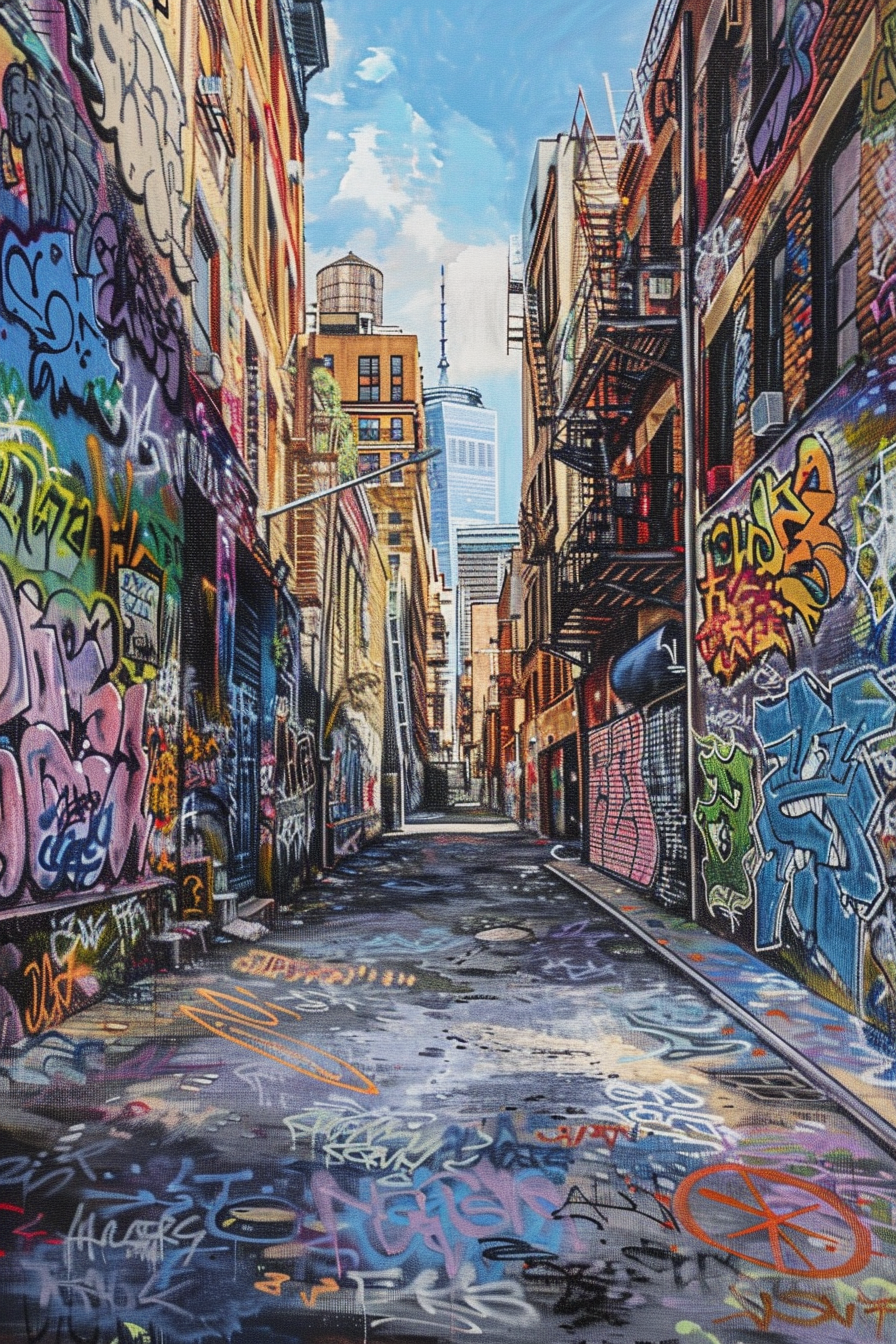 Urban alleyway with colorful graffiti on walls under a blue sky.