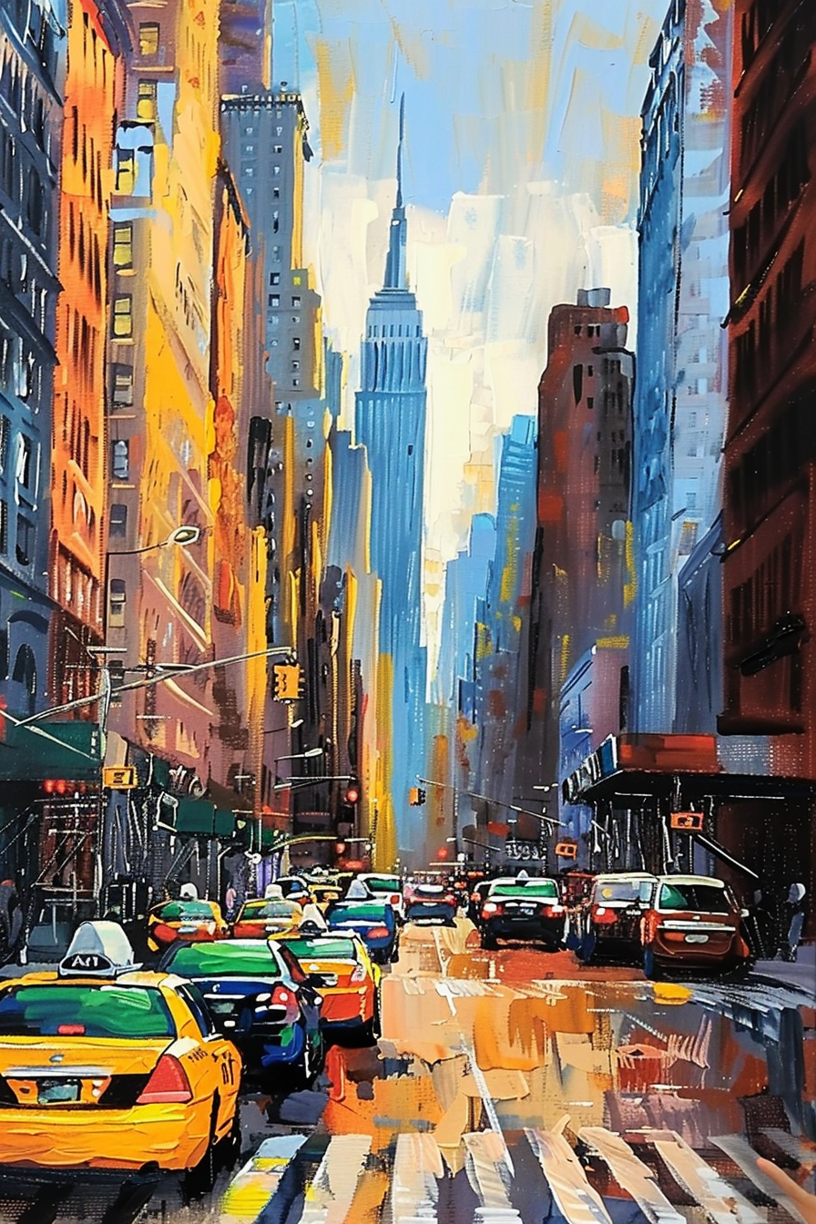 Colorful painting of a bustling city street with taxis and towering skyscrapers.
