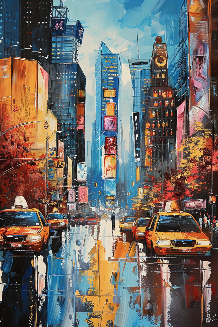 Colorful abstract cityscape painting with taxis and skyscrapers, reflecting vibrant urban life.