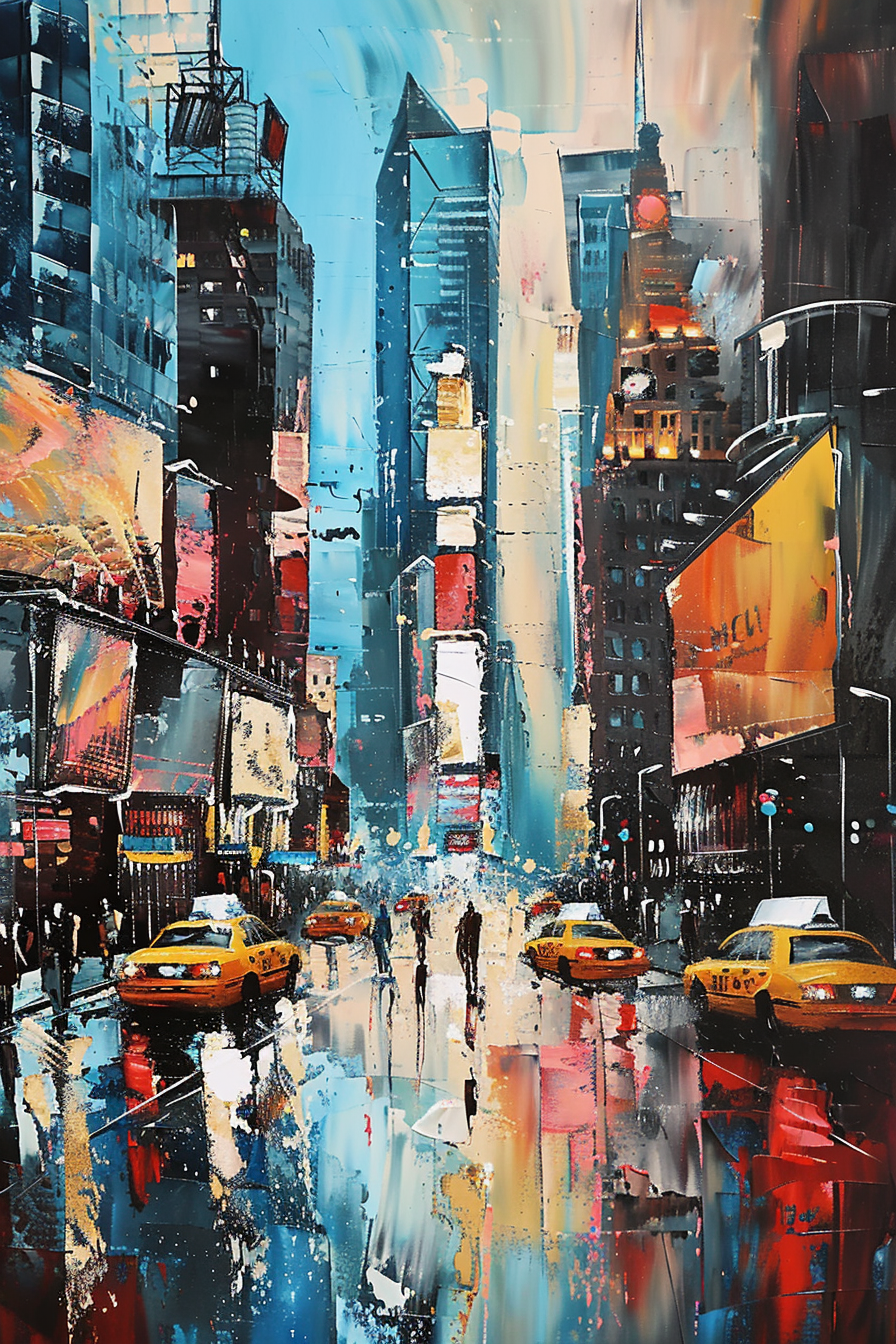 Vibrant, abstract cityscape painting with pedestrians and yellow cabs on wet streets.