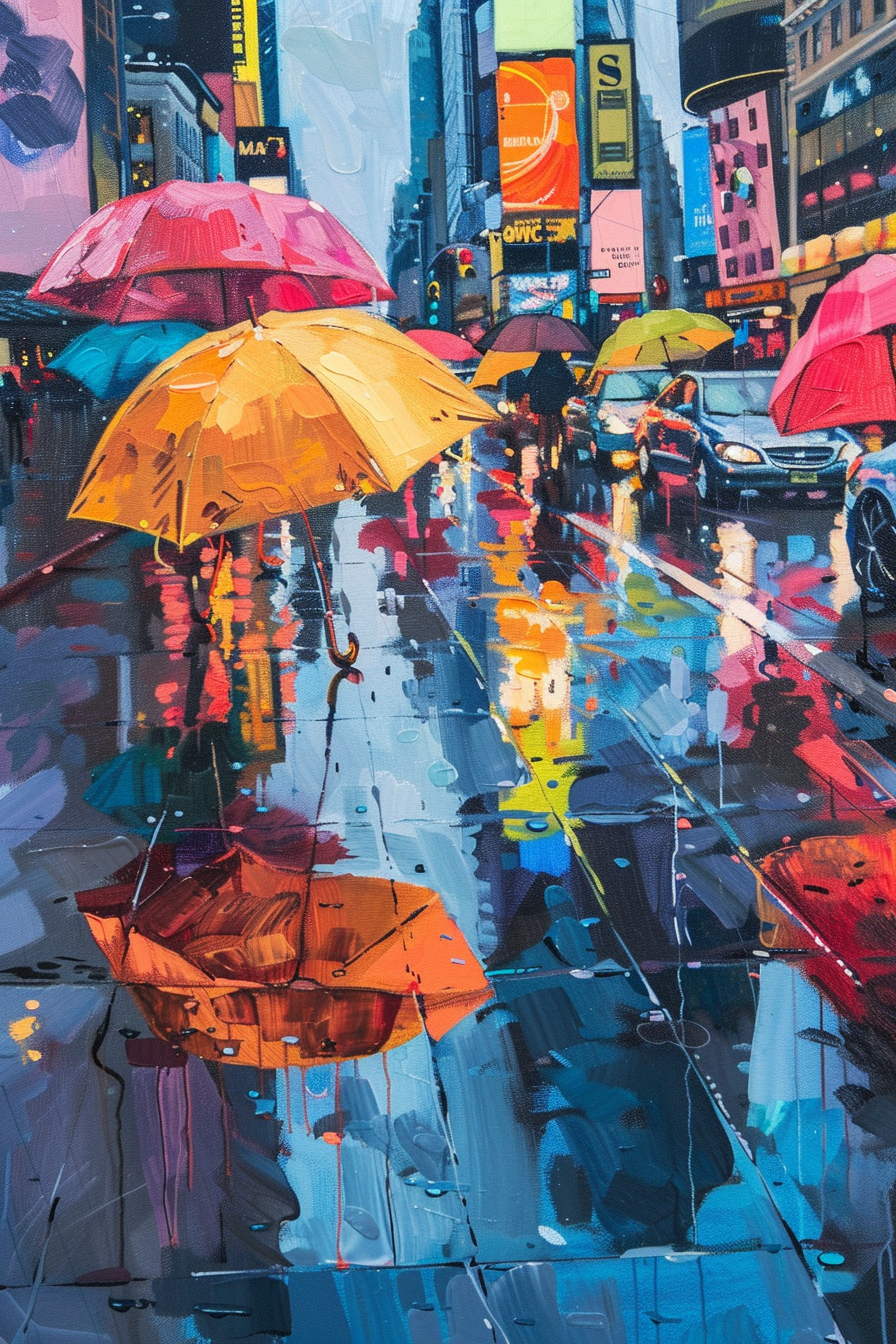 Colorful painting of people with umbrellas walking on a rainy, reflective city street.