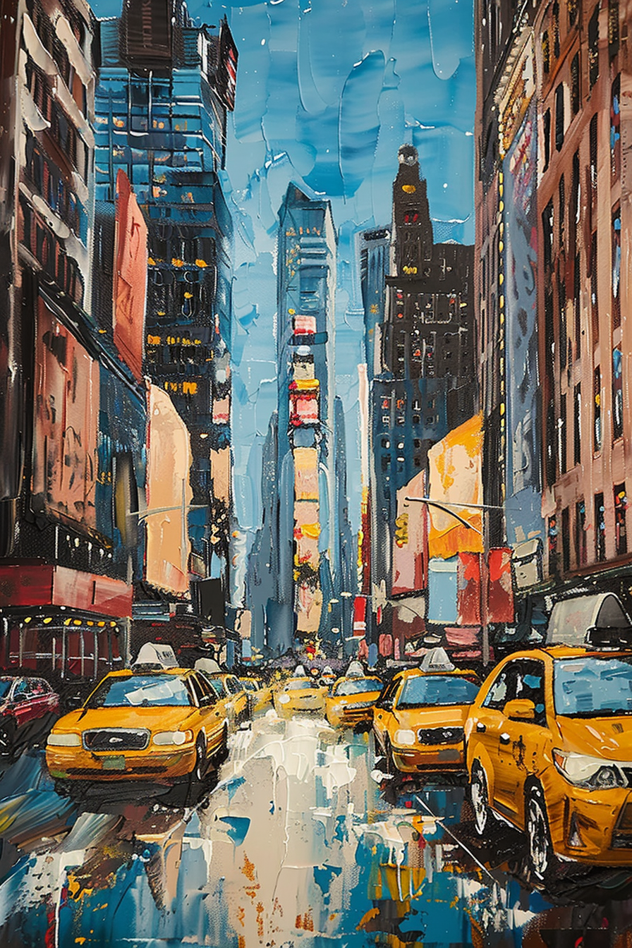 Colorful painting of yellow taxis on a busy street with skyscrapers and reflections.