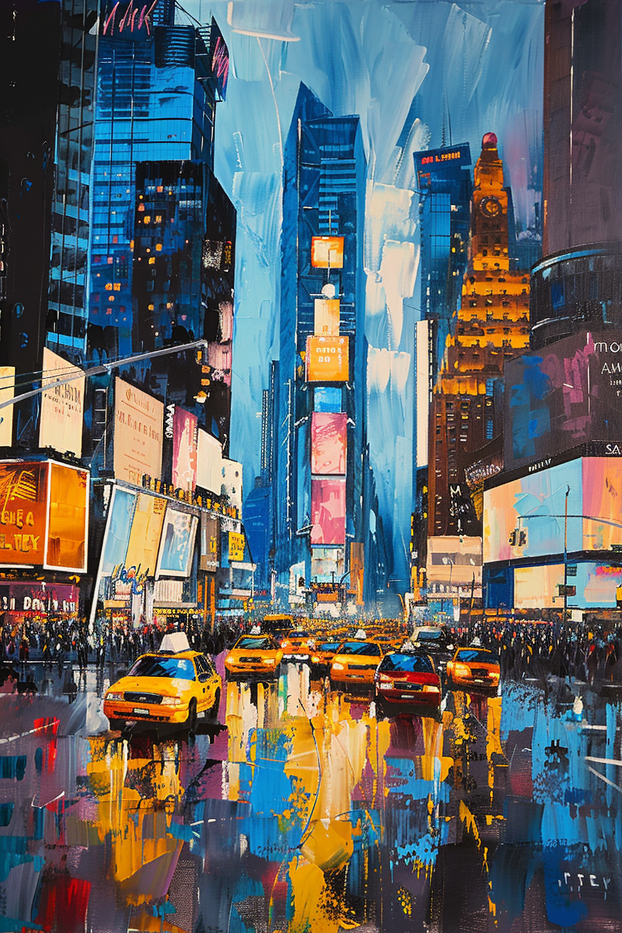 Colorful expressionist painting of a bustling city street with taxis and crowded sidewalks.