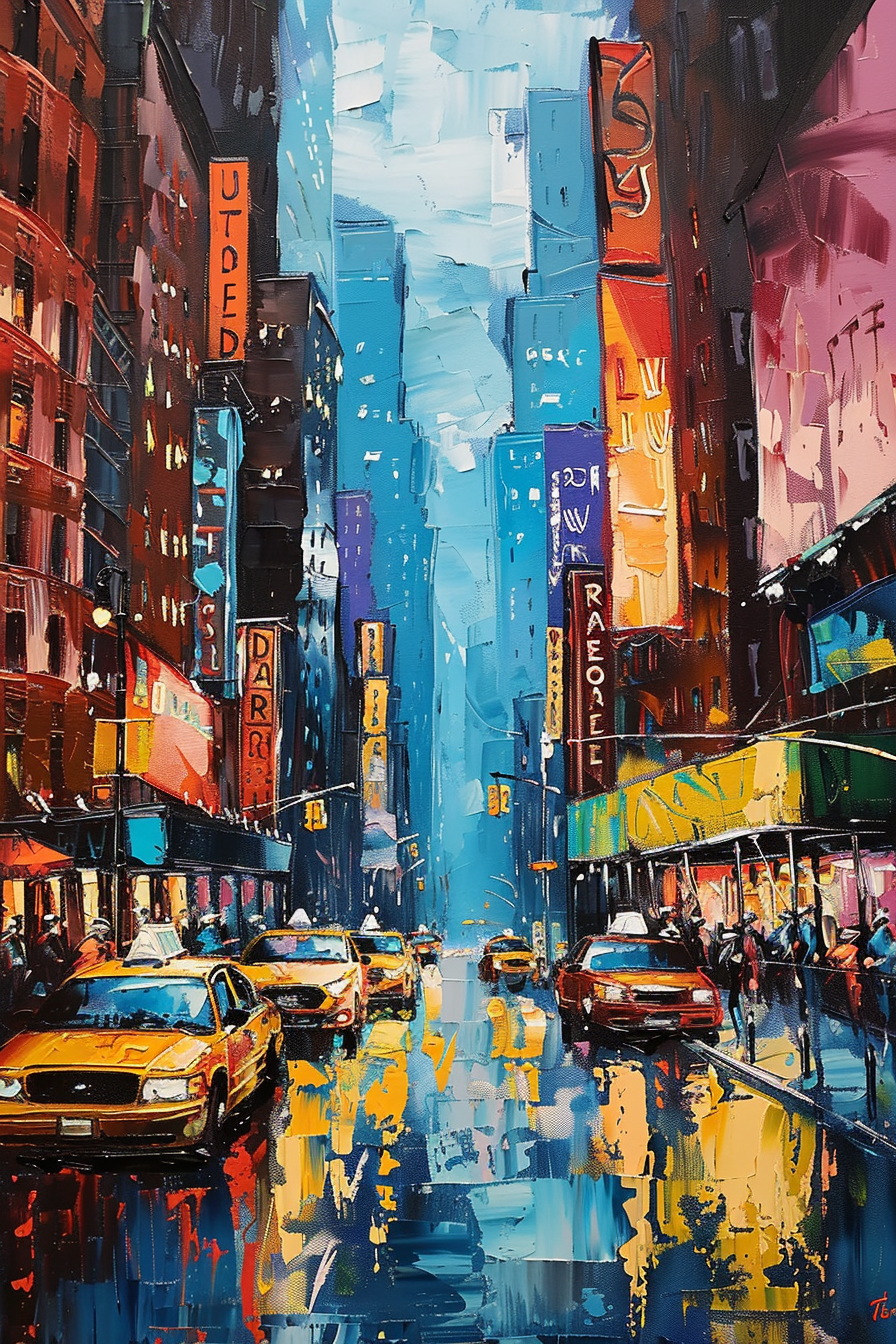 Vibrant, expressionist cityscape painting with colorful streets, taxis, and pedestrians under bright signs.