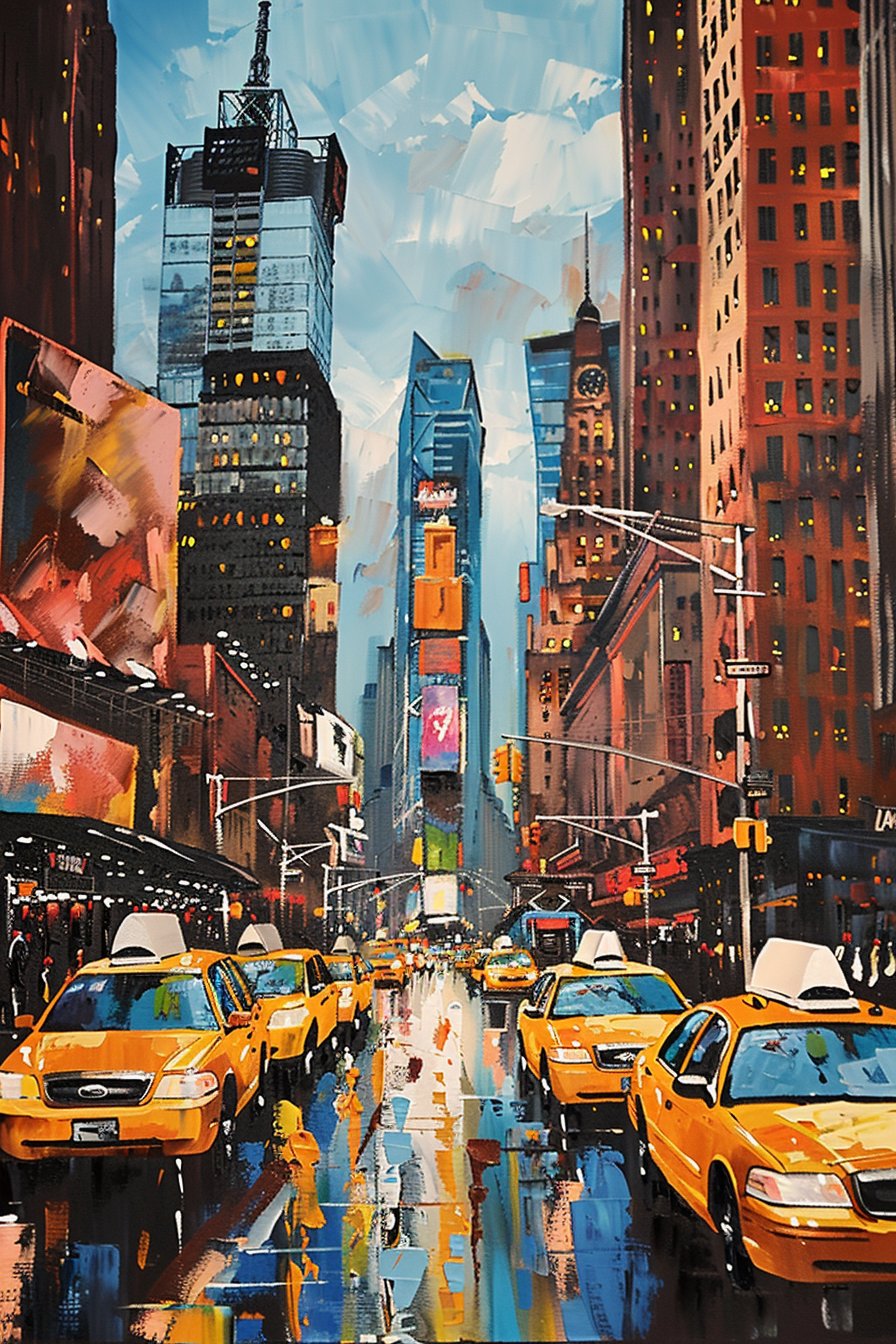 Colorful painting of a bustling city street with yellow taxis and towering skyscrapers.