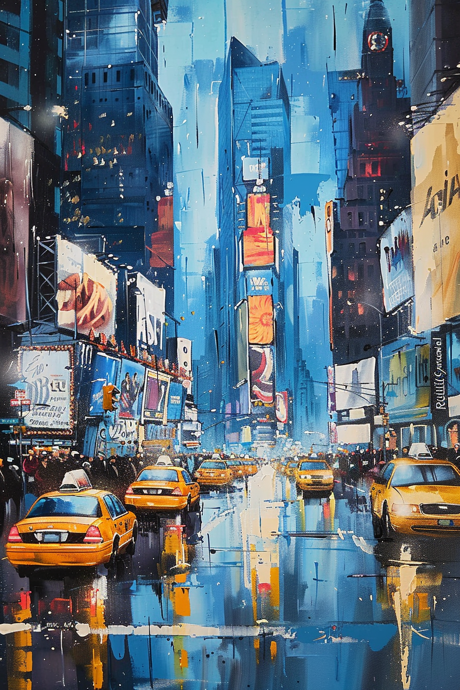 Vibrant painting of a bustling city street with yellow cabs and reflective wet pavement.